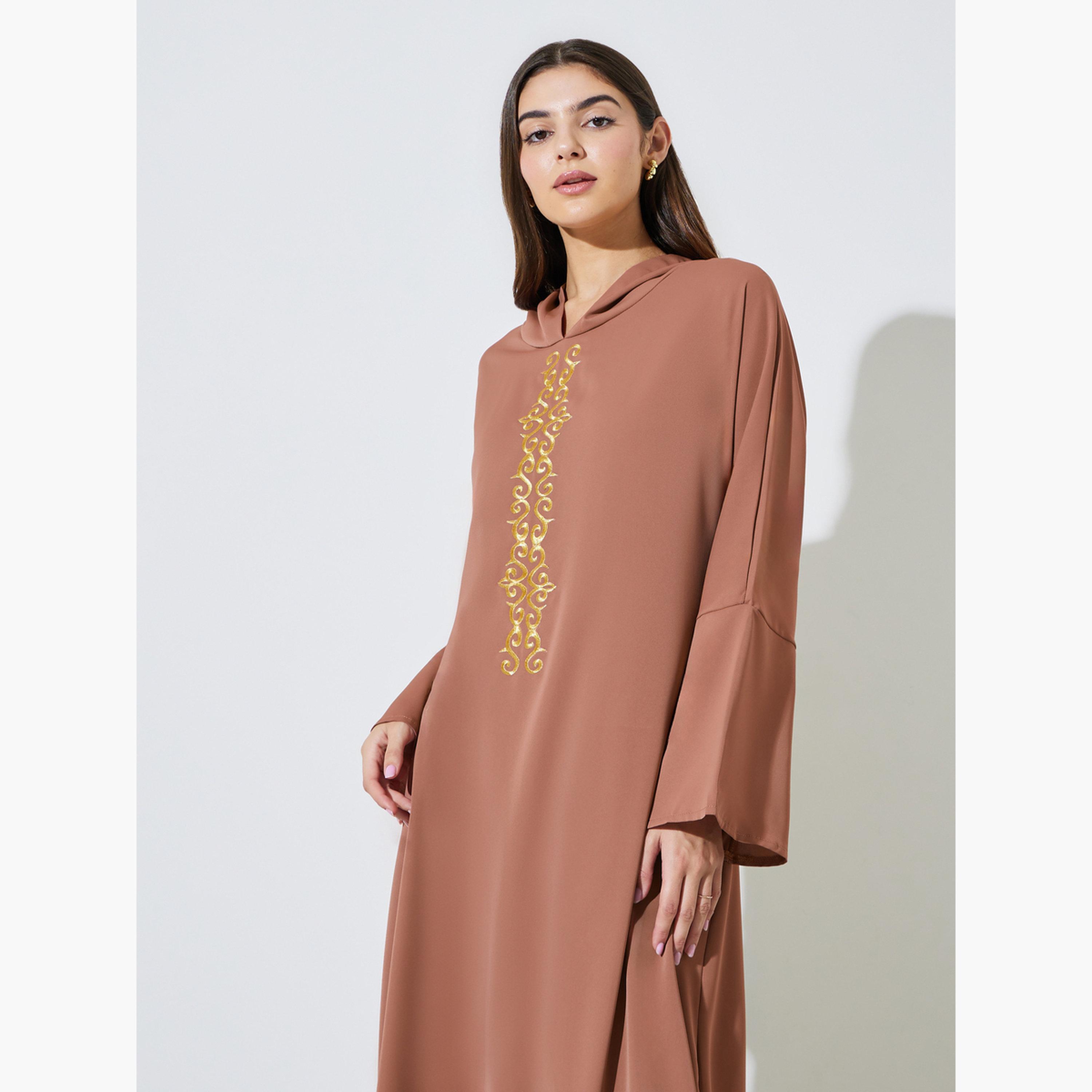 Amirah X Styli Blue Embroidered Panel Hooded Jalabiya-women-arabicclothing-jalabiyas-image-2