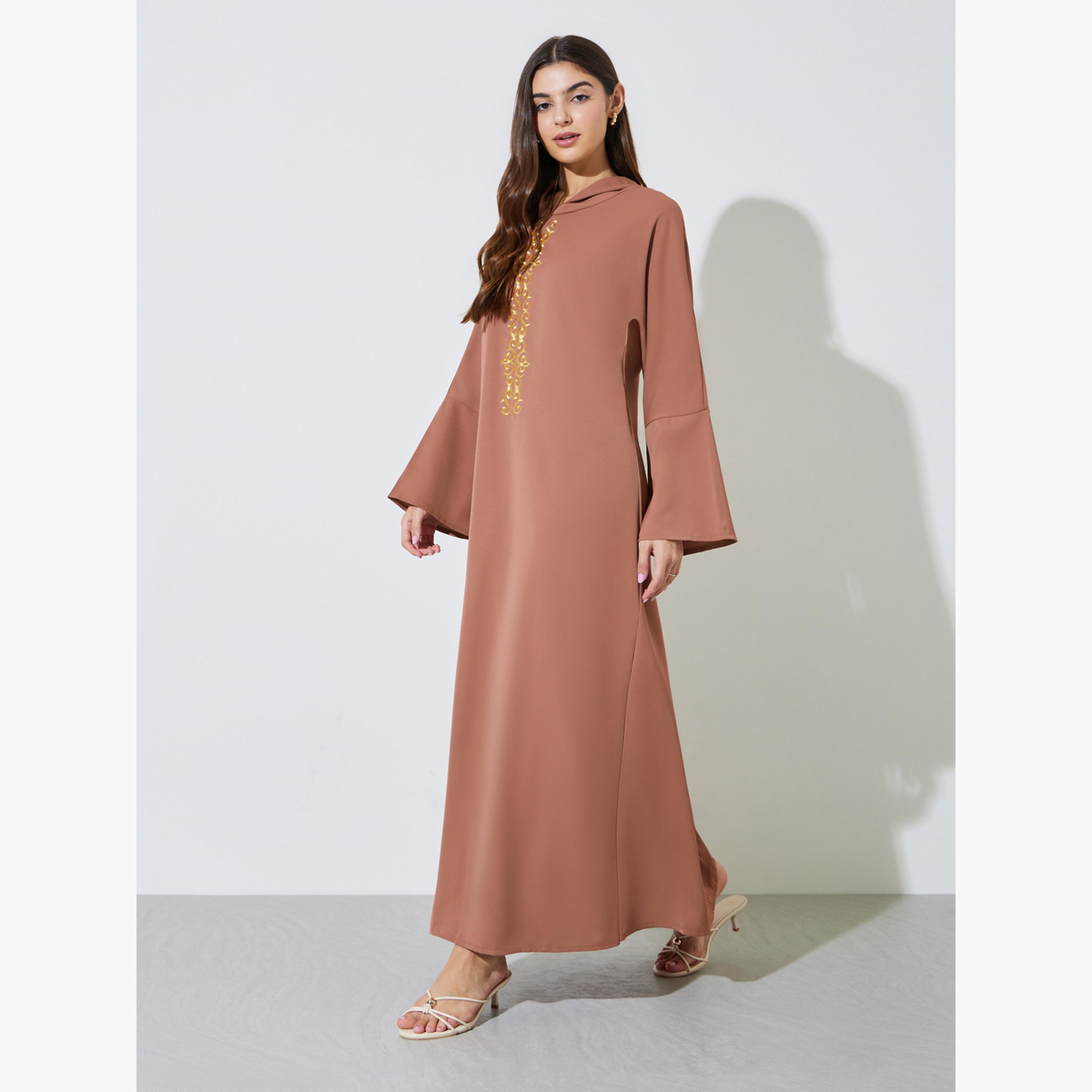 Amirah X Styli Blue Embroidered Panel Hooded Jalabiya-women-arabicclothing-jalabiyas-image-3