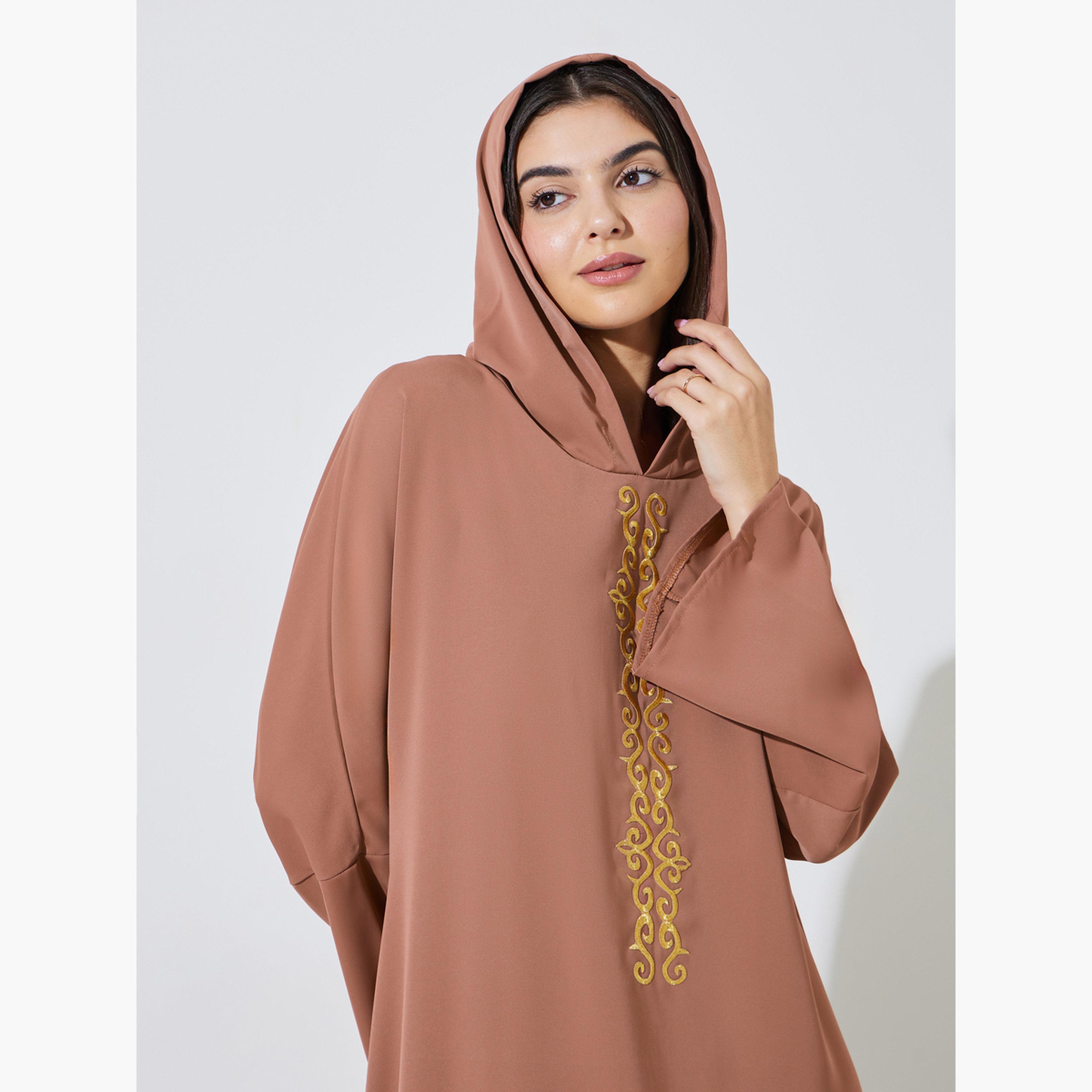 Amirah X Styli Blue Embroidered Panel Hooded Jalabiya-women-arabicclothing-jalabiyas-image-4
