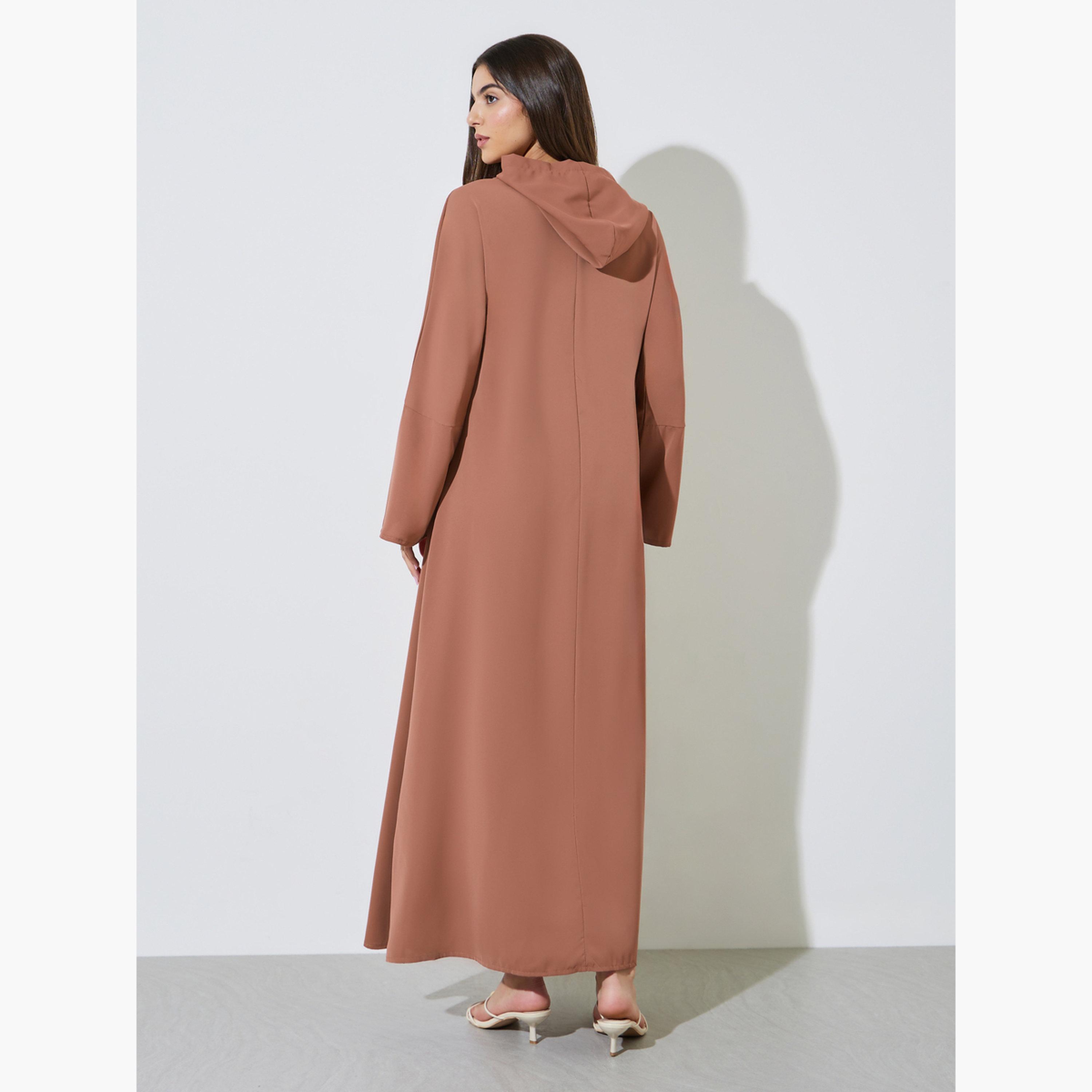 Amirah X Styli Blue Embroidered Panel Hooded Jalabiya-women-arabicclothing-jalabiyas-image-5