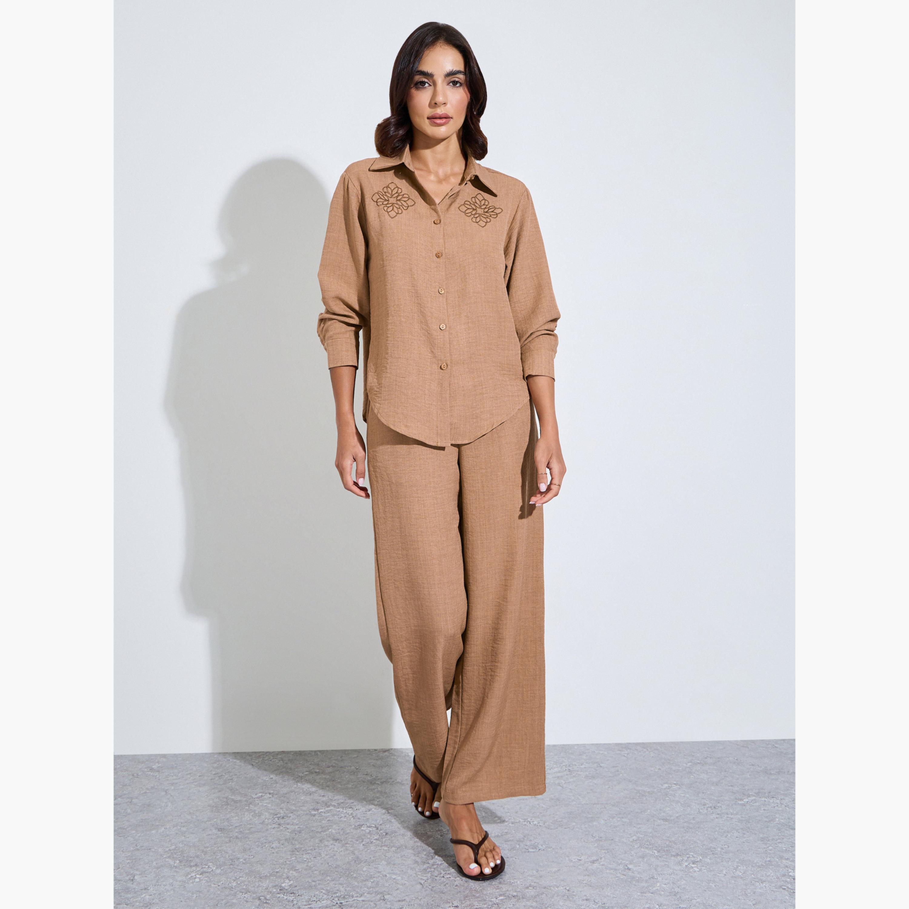 Amirah X Styli Brown Embroidered Detail Shirt and Trousers Modest Set-women-clothing-coordsets-image-1