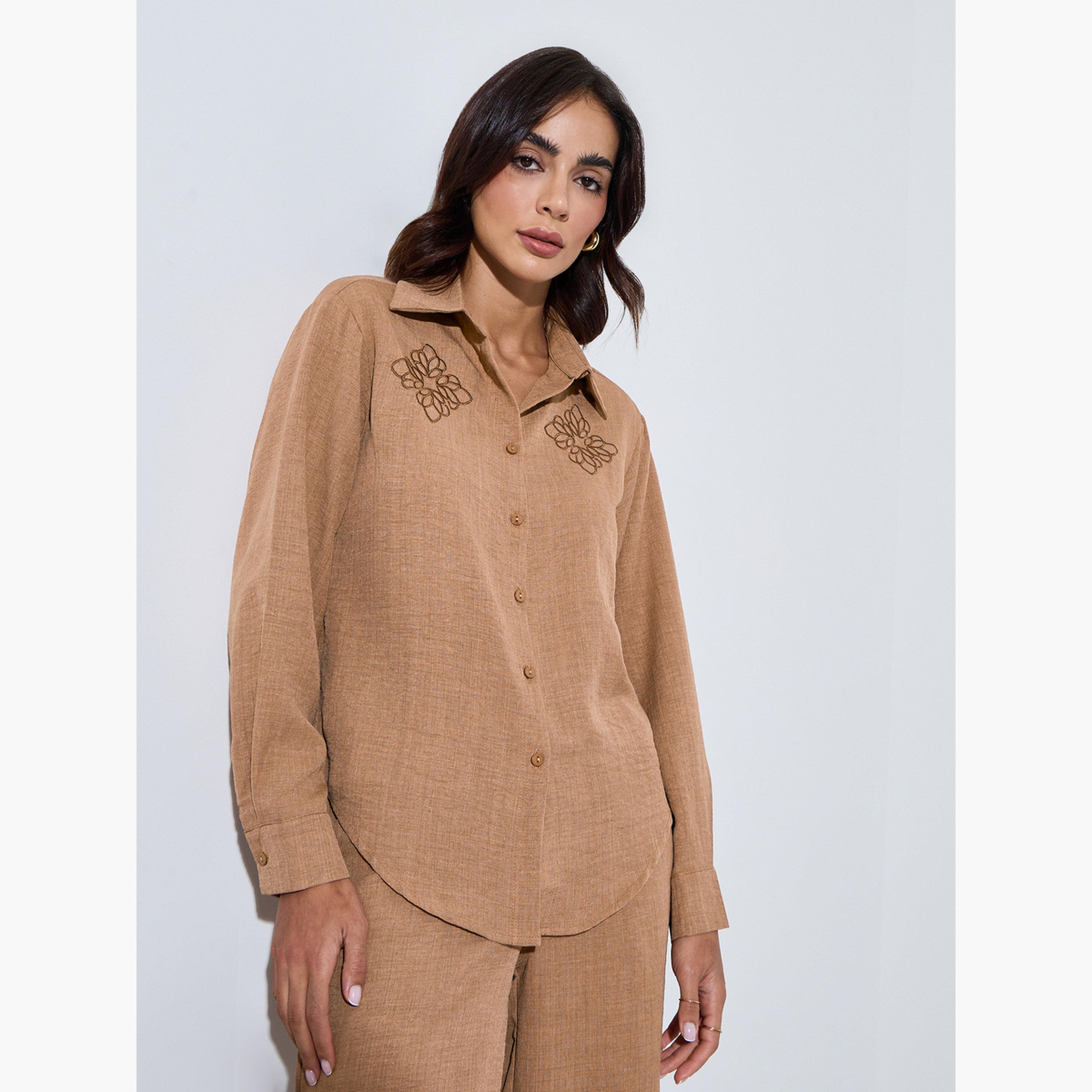Amirah X Styli Brown Embroidered Detail Shirt and Trousers Modest Set-women-clothing-coordsets-image-2
