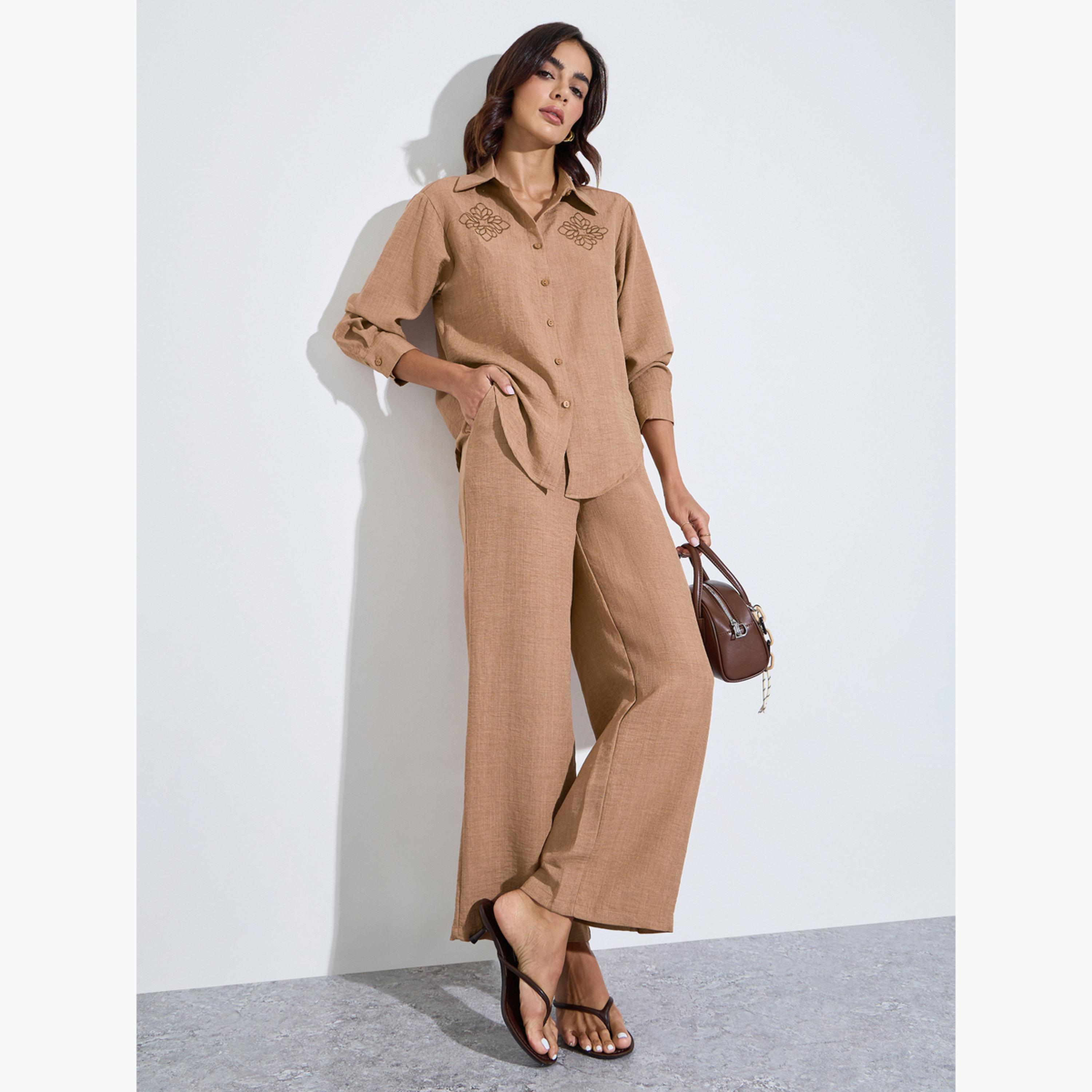 Amirah X Styli Brown Embroidered Detail Shirt and Trousers Modest Set-women-clothing-coordsets-image-3