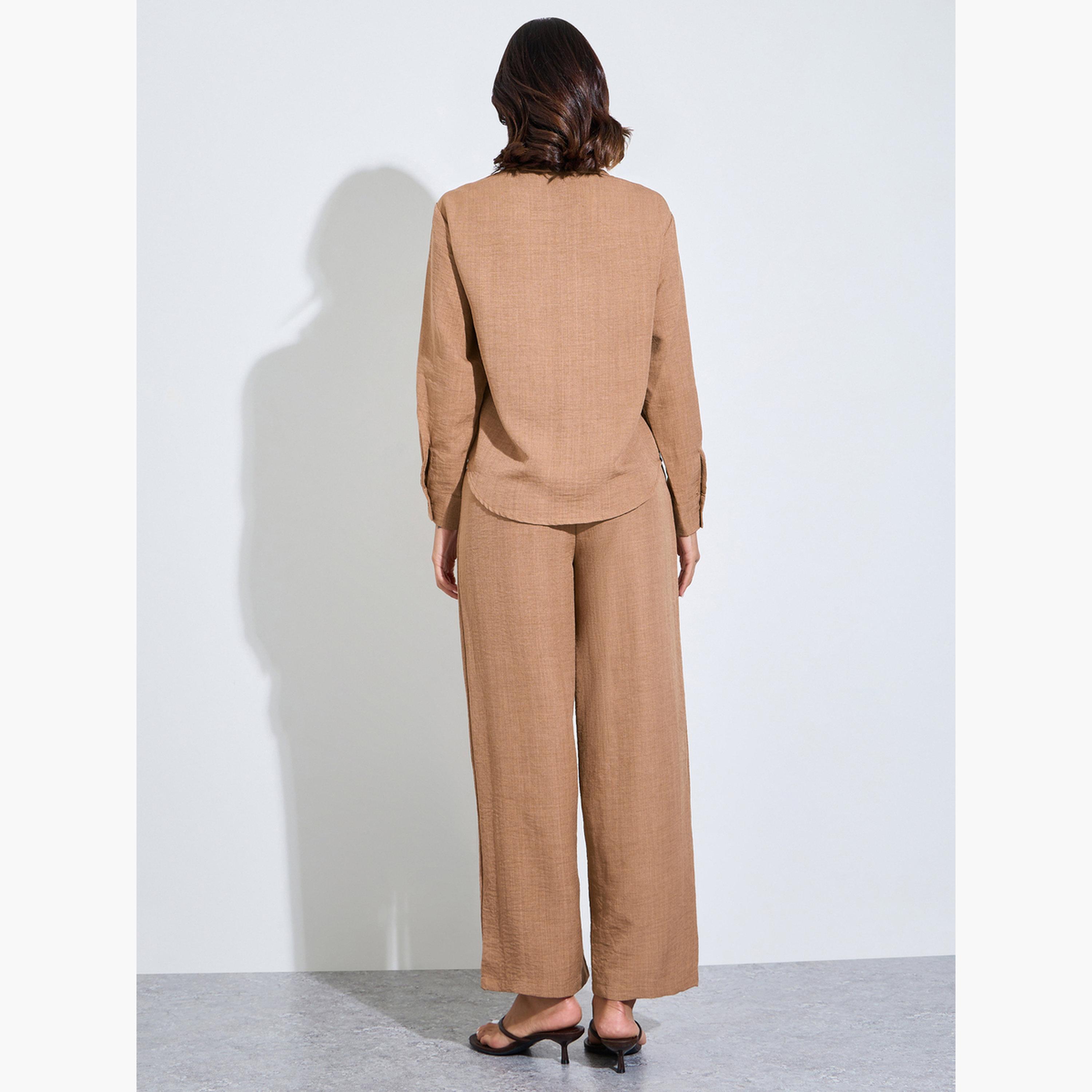 Amirah X Styli Brown Embroidered Detail Shirt and Trousers Modest Set-women-clothing-coordsets-image-4