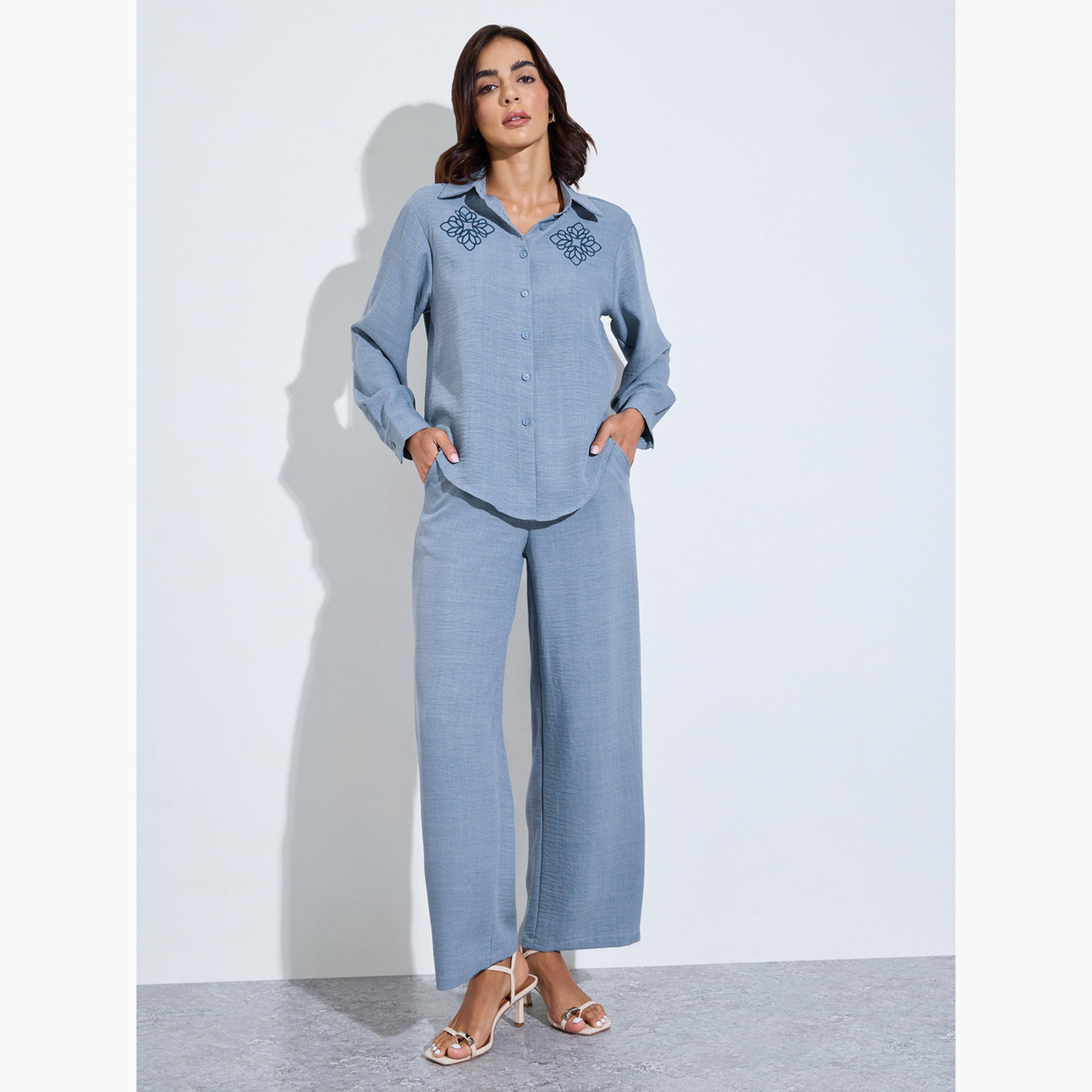 Amirah X Styli Blue Embroidered Detail Shirt and Trousers Modest Set-women-clothing-coordsets-image-1