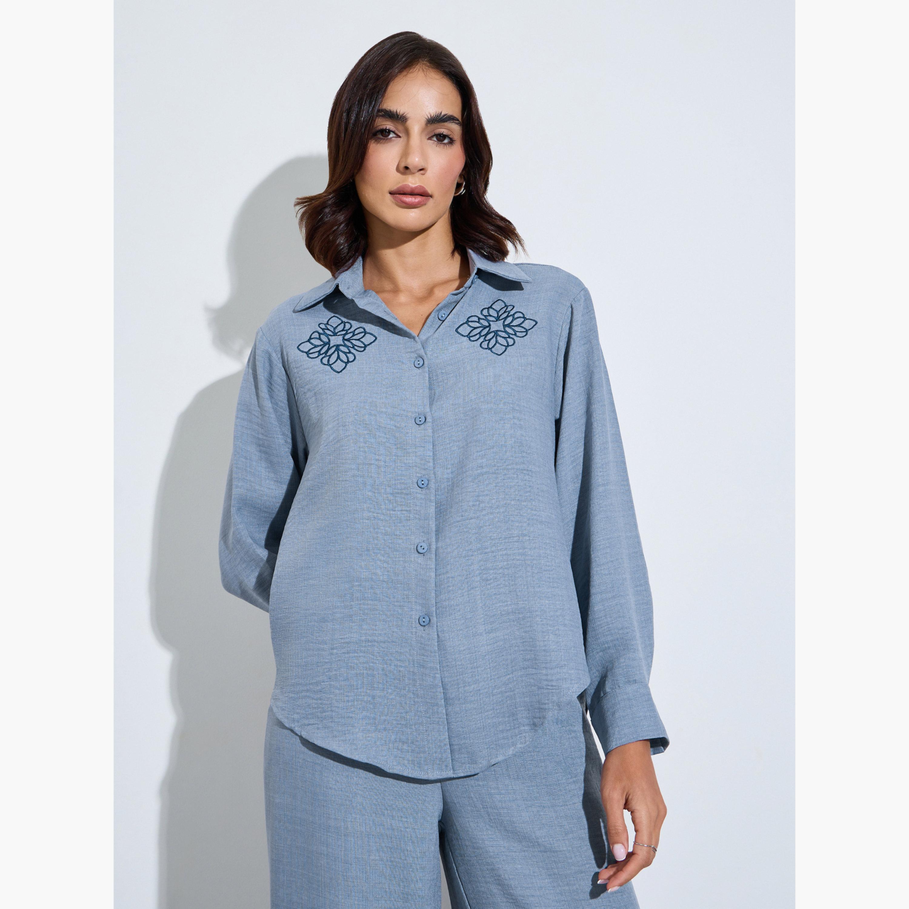 Amirah X Styli Blue Embroidered Detail Shirt and Trousers Modest Set-women-clothing-coordsets-image-2