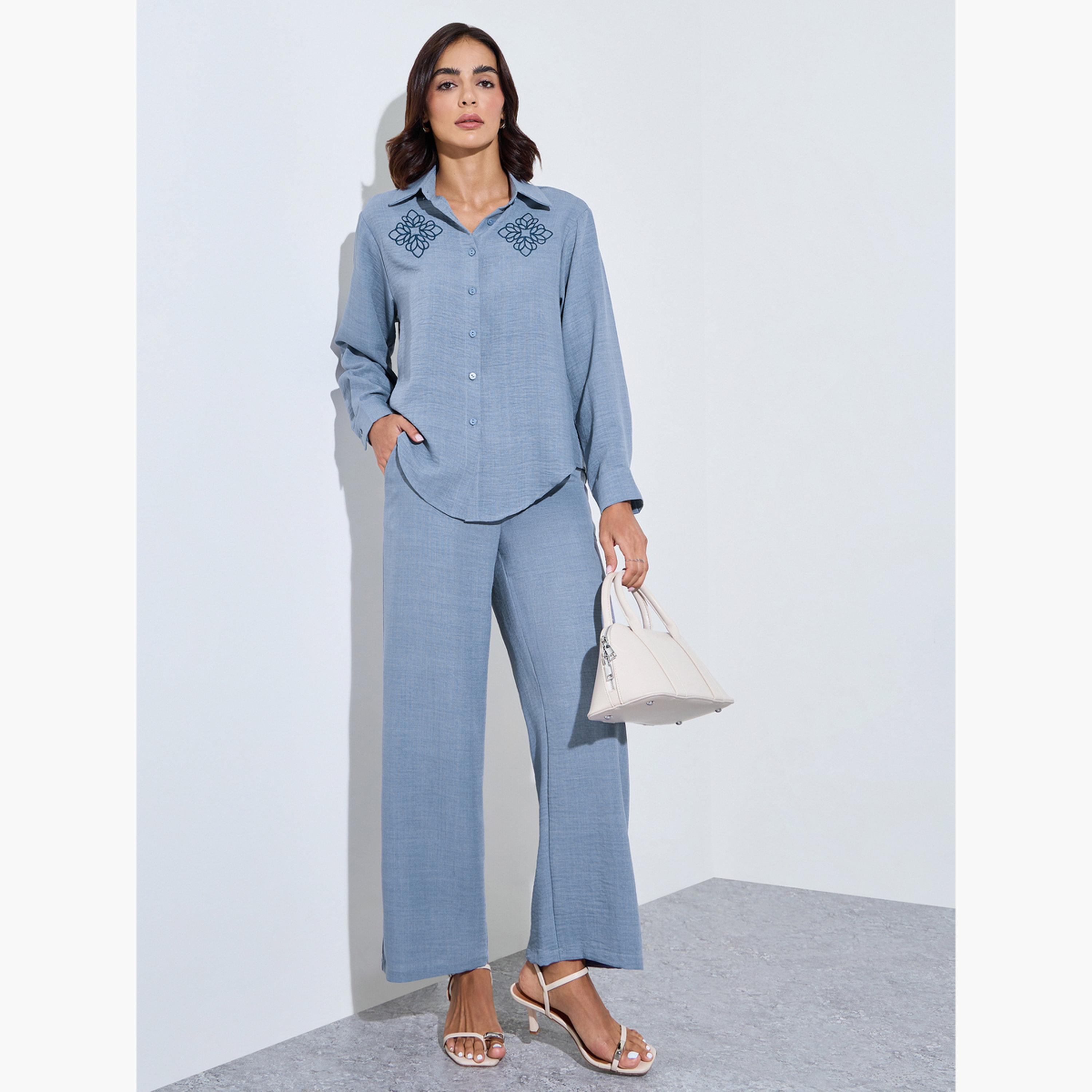 Amirah X Styli Blue Embroidered Detail Shirt and Trousers Modest Set-women-clothing-coordsets-image-3