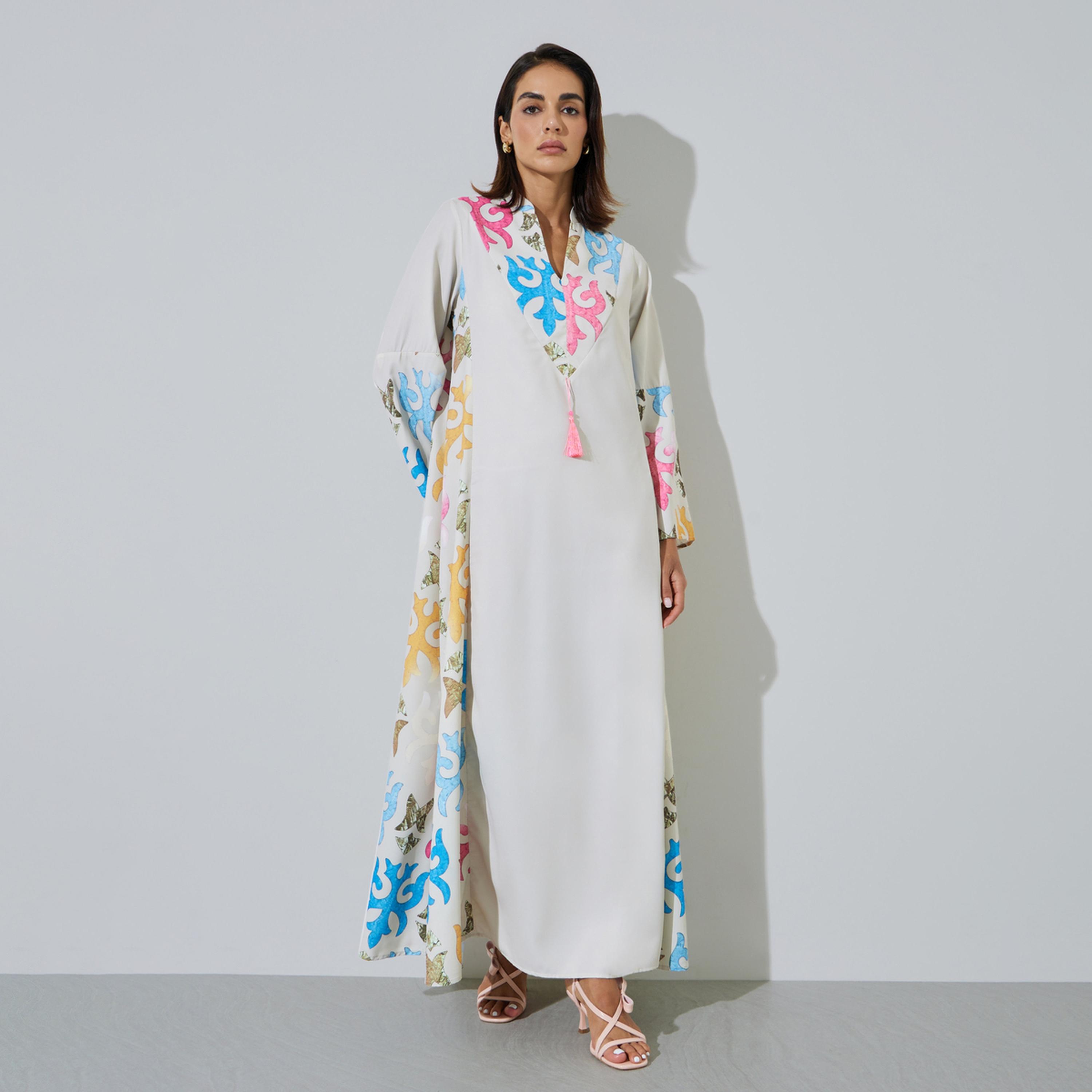 Amirah X Styli Off White Printed Panel Jalabiya with Tassel Detail-women-arabicclothing-jalabiyas-image-1