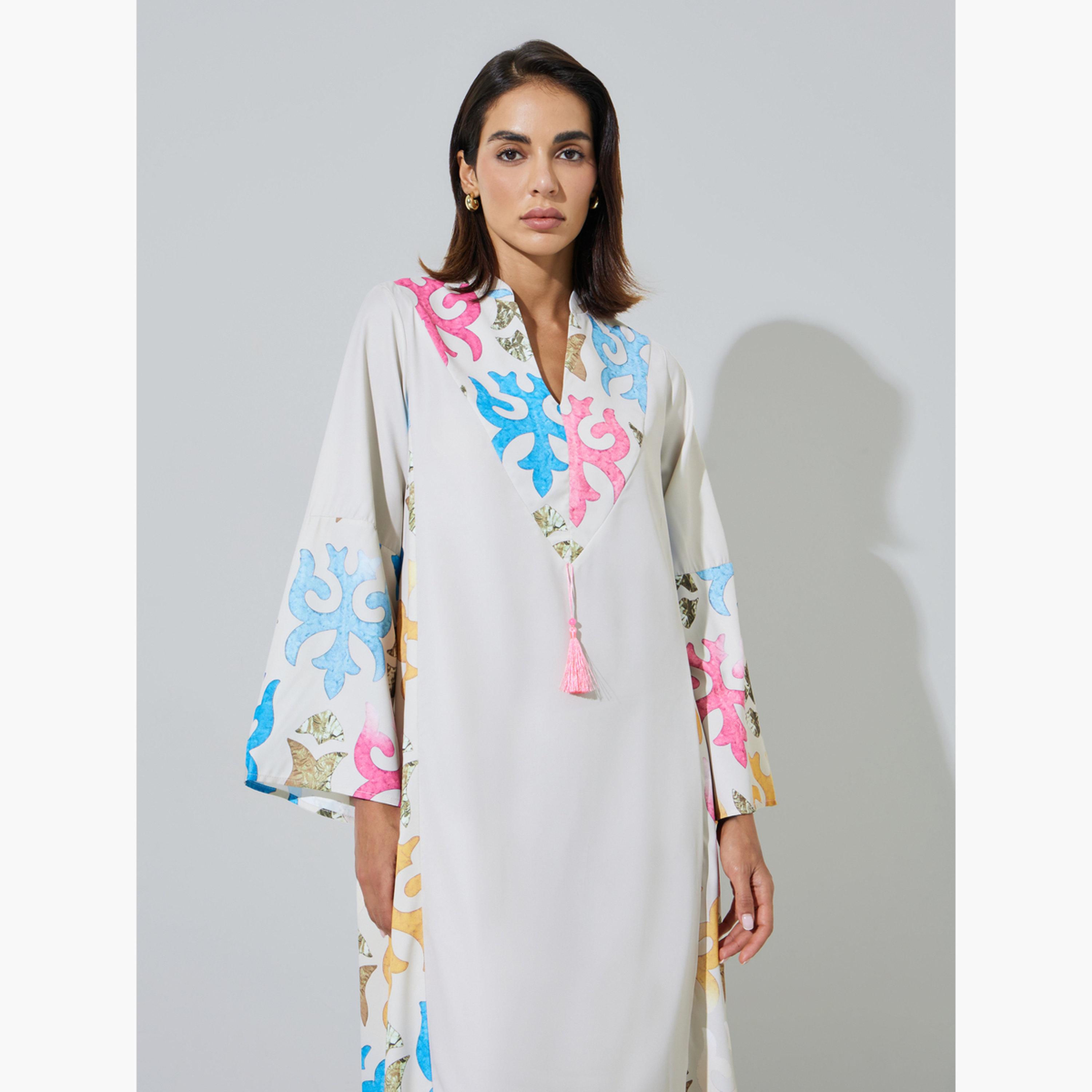 Amirah X Styli Off White Printed Panel Jalabiya with Tassel Detail-women-arabicclothing-jalabiyas-image-2