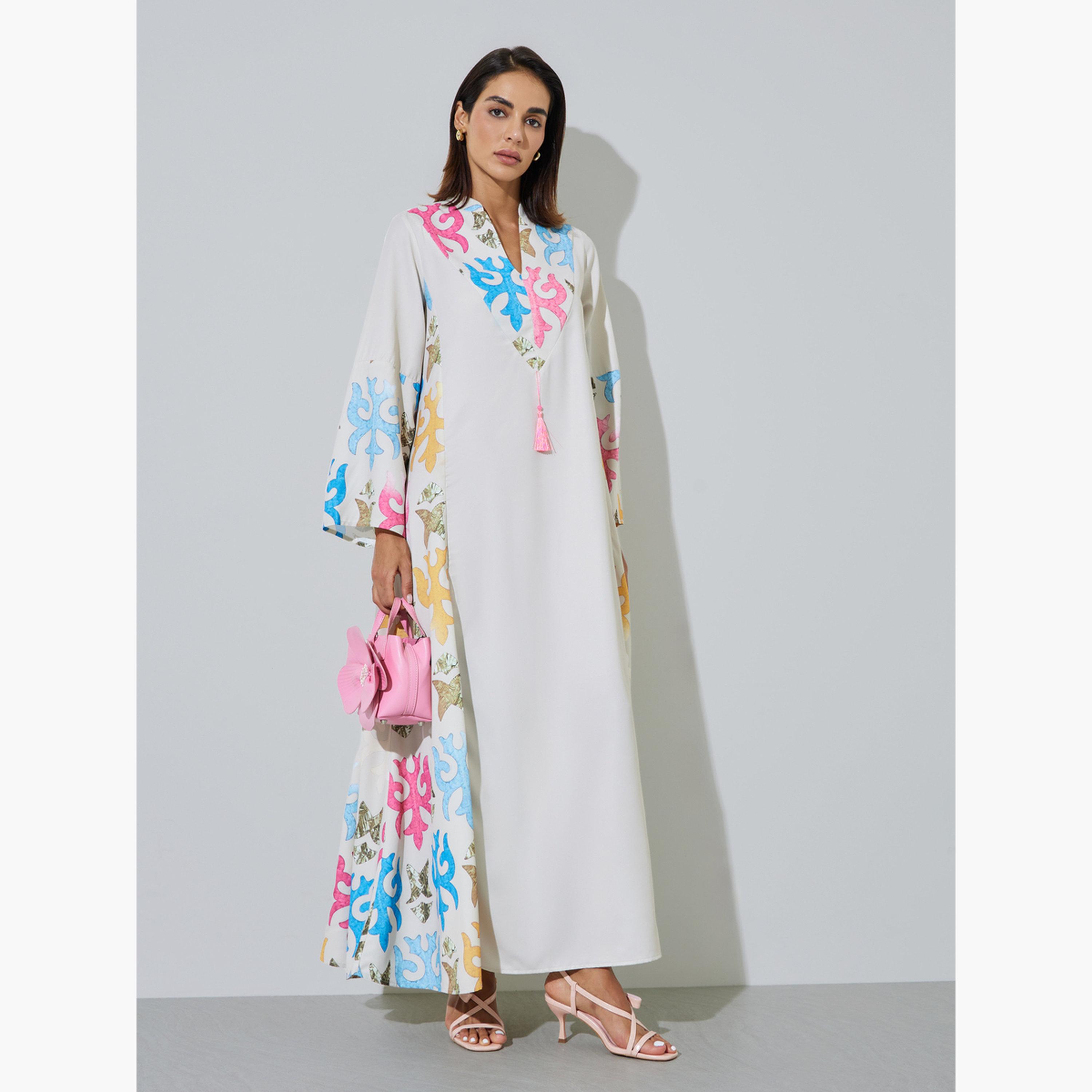 Amirah X Styli Off White Printed Panel Jalabiya with Tassel Detail-women-arabicclothing-jalabiyas-image-3