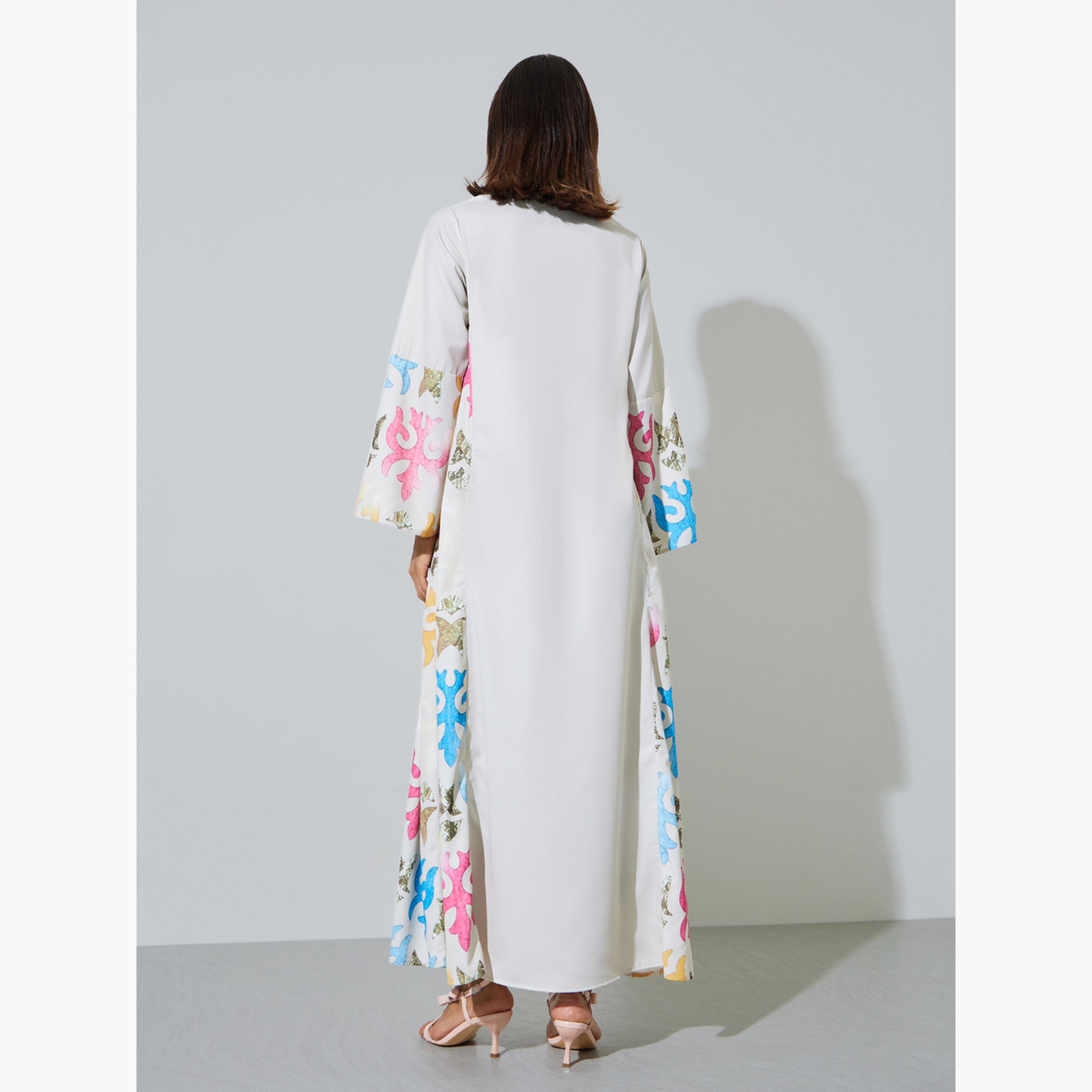 Amirah X Styli Off White Printed Panel Jalabiya with Tassel Detail-women-arabicclothing-jalabiyas-image-4