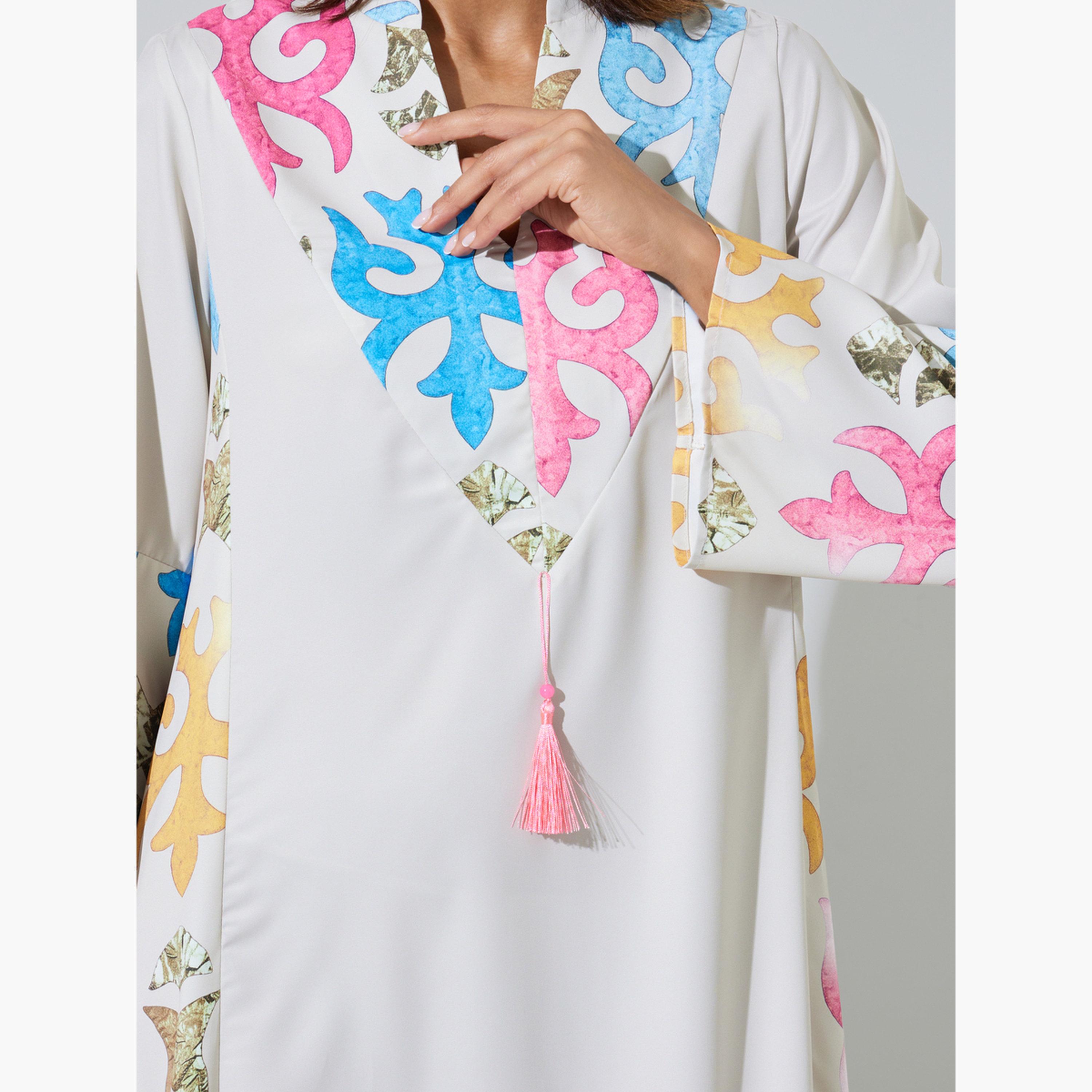 Amirah X Styli Off White Printed Panel Jalabiya with Tassel Detail-women-arabicclothing-jalabiyas-image-5
