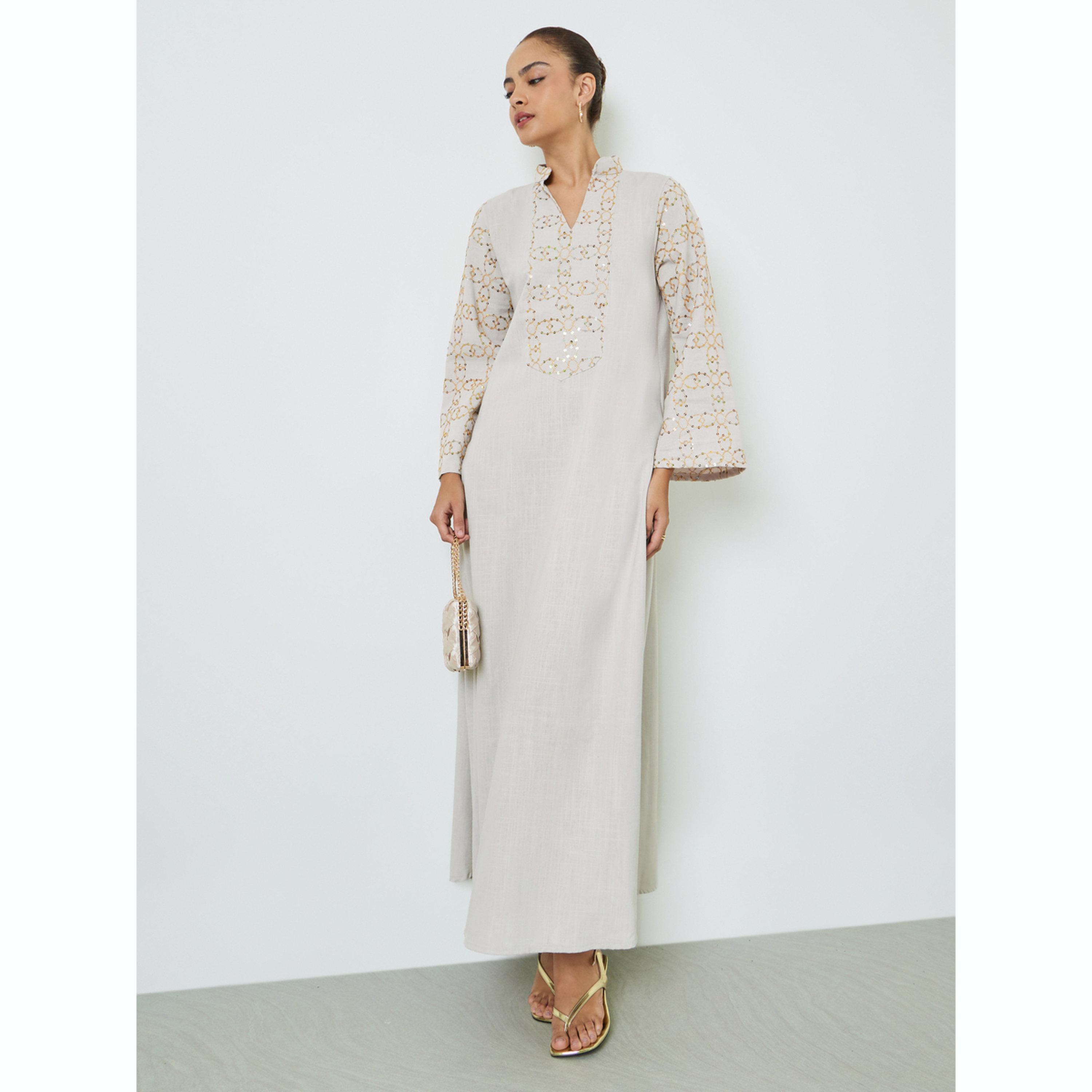 جلابية بيج بأكمام طويلة ومطرزة بالترتر-women-arabicclothing-jalabiyas-image-1