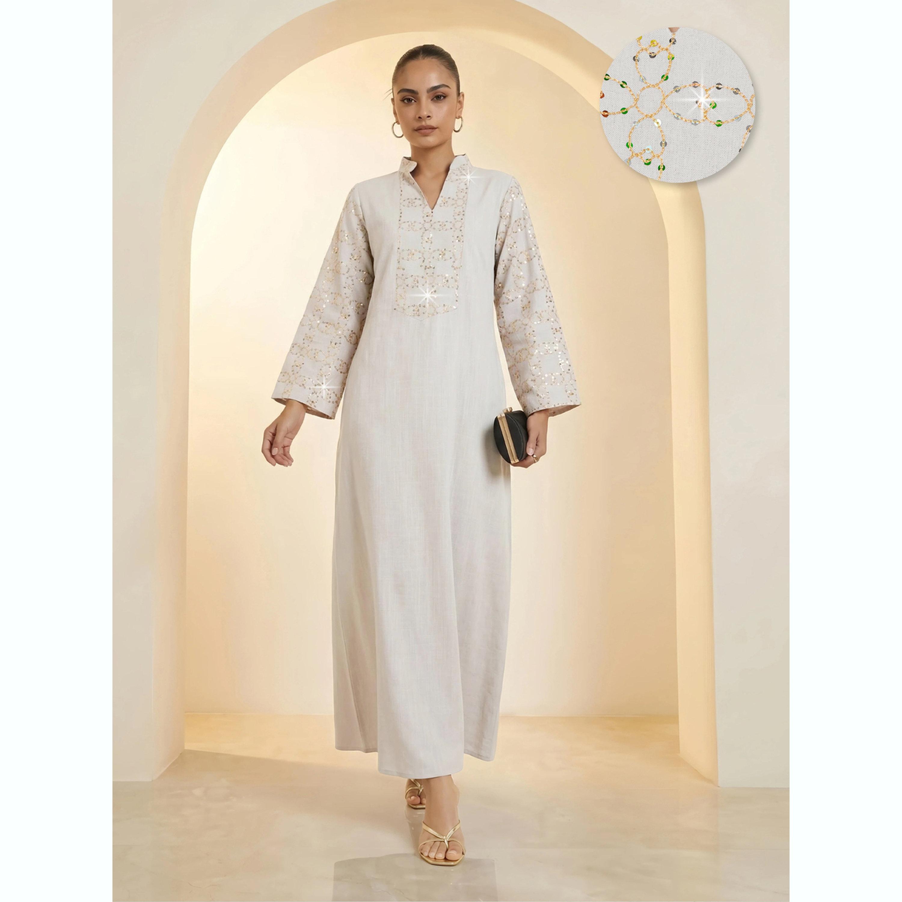 جلابية بيج بأكمام طويلة ومطرزة بالترتر-women-arabicclothing-jalabiyas-image-2