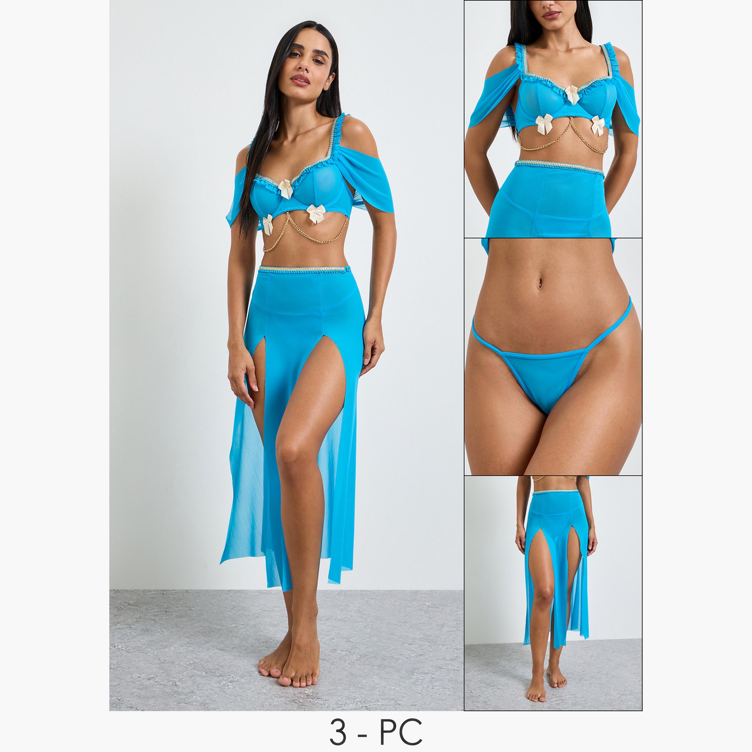 طقم للانجري من ثونغ وتنورة بفتحة مع بلوزة قصيرة سادة بأكتاف مكشوفة-women-clothing-lingerie-babydollsandbodysuits-image-1