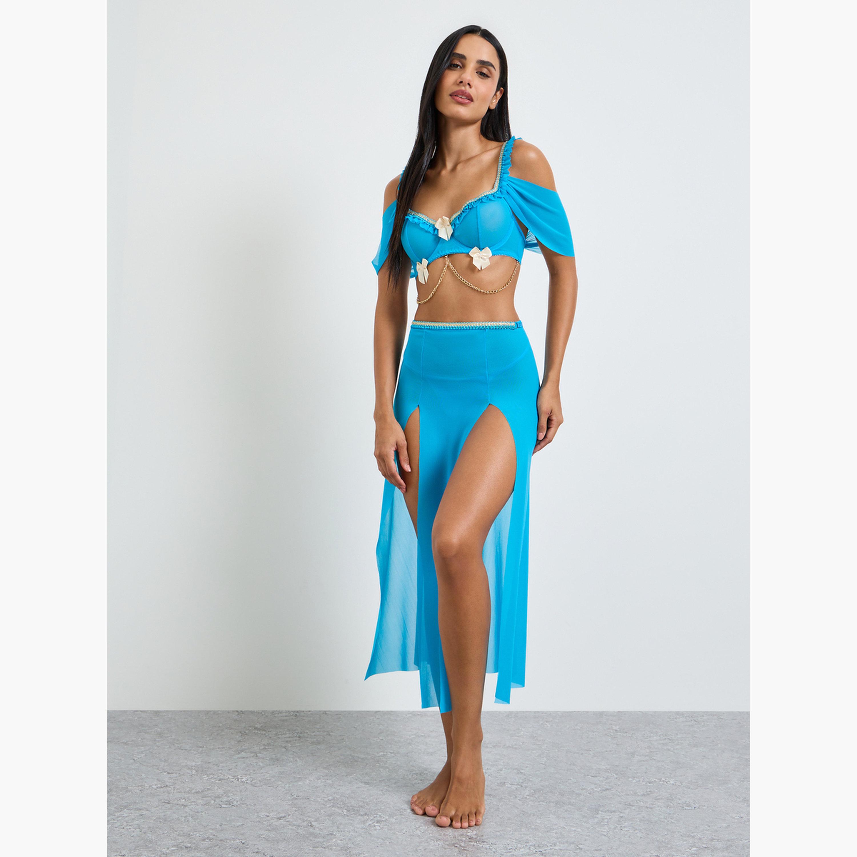 طقم للانجري من ثونغ وتنورة بفتحة مع بلوزة قصيرة سادة بأكتاف مكشوفة-women-clothing-lingerie-babydollsandbodysuits-image-2