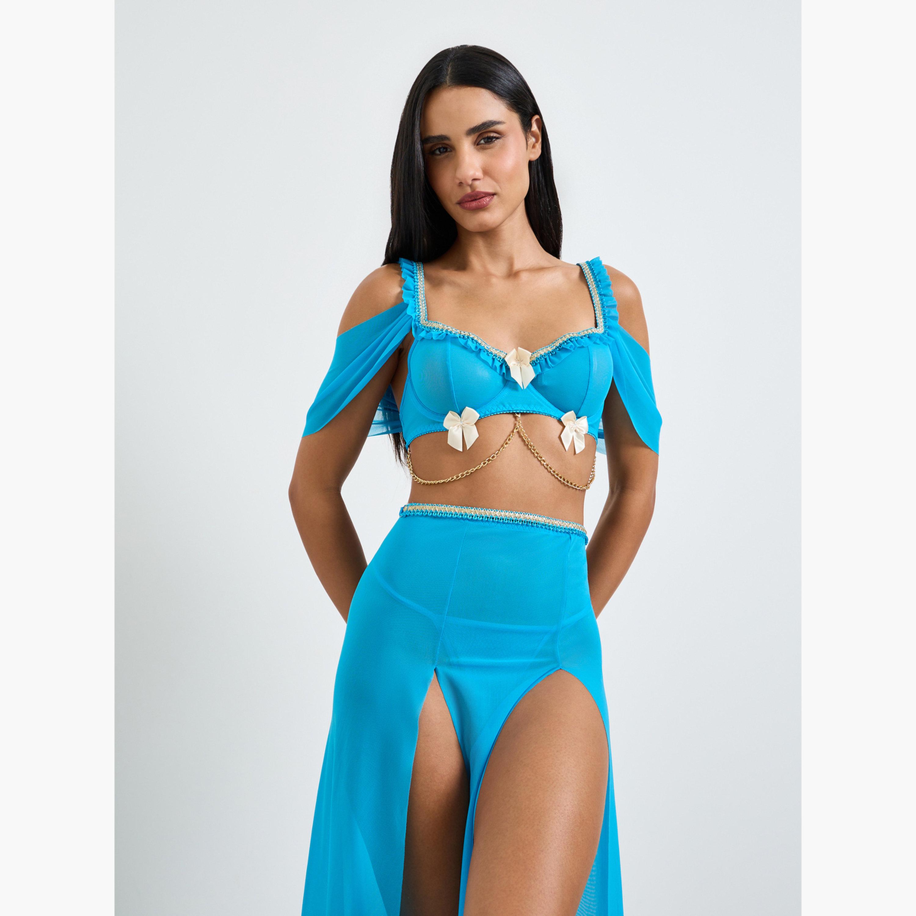 طقم للانجري من ثونغ وتنورة بفتحة مع بلوزة قصيرة سادة بأكتاف مكشوفة-women-clothing-lingerie-babydollsandbodysuits-image-3