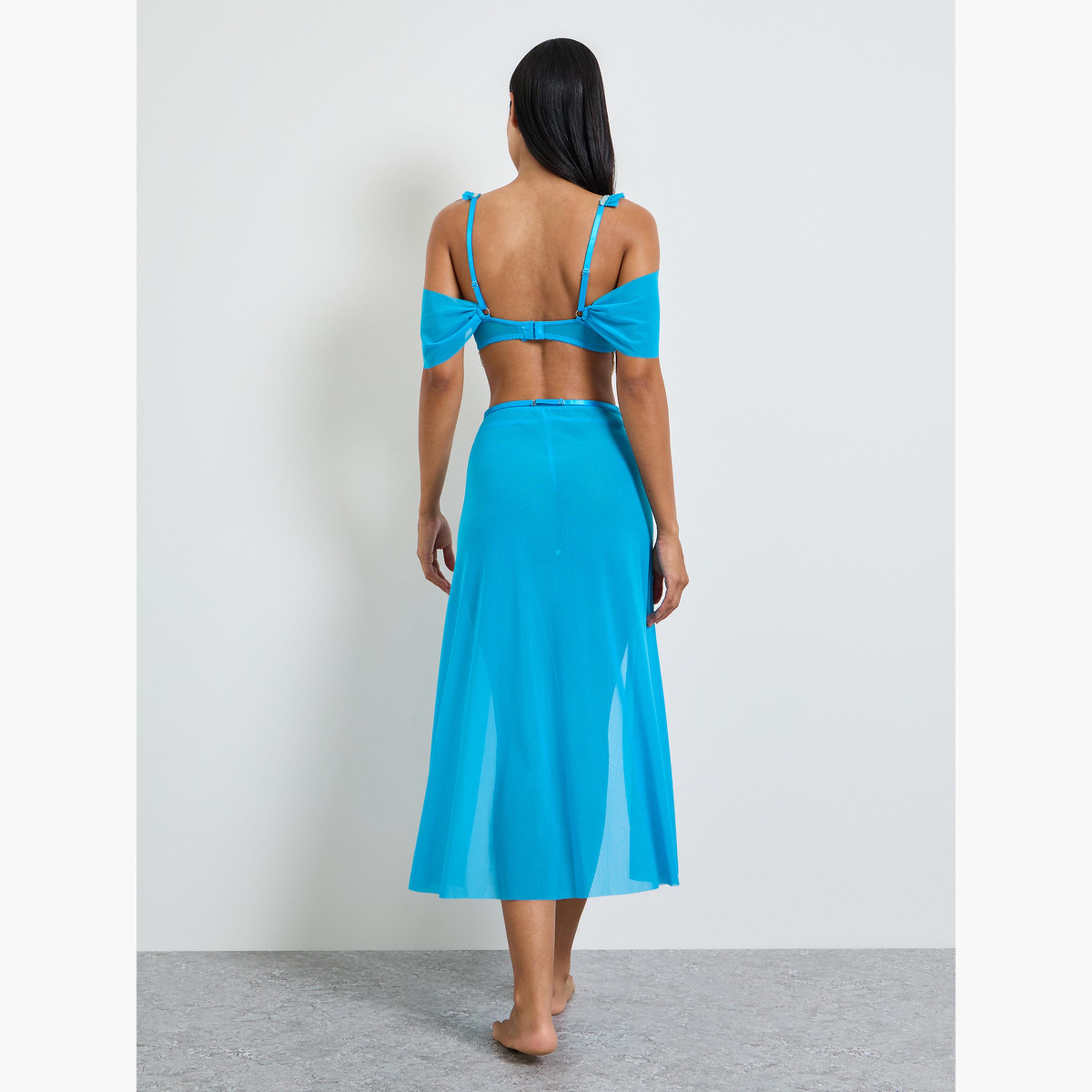 طقم للانجري من ثونغ وتنورة بفتحة مع بلوزة قصيرة سادة بأكتاف مكشوفة-women-clothing-lingerie-babydollsandbodysuits-image-4