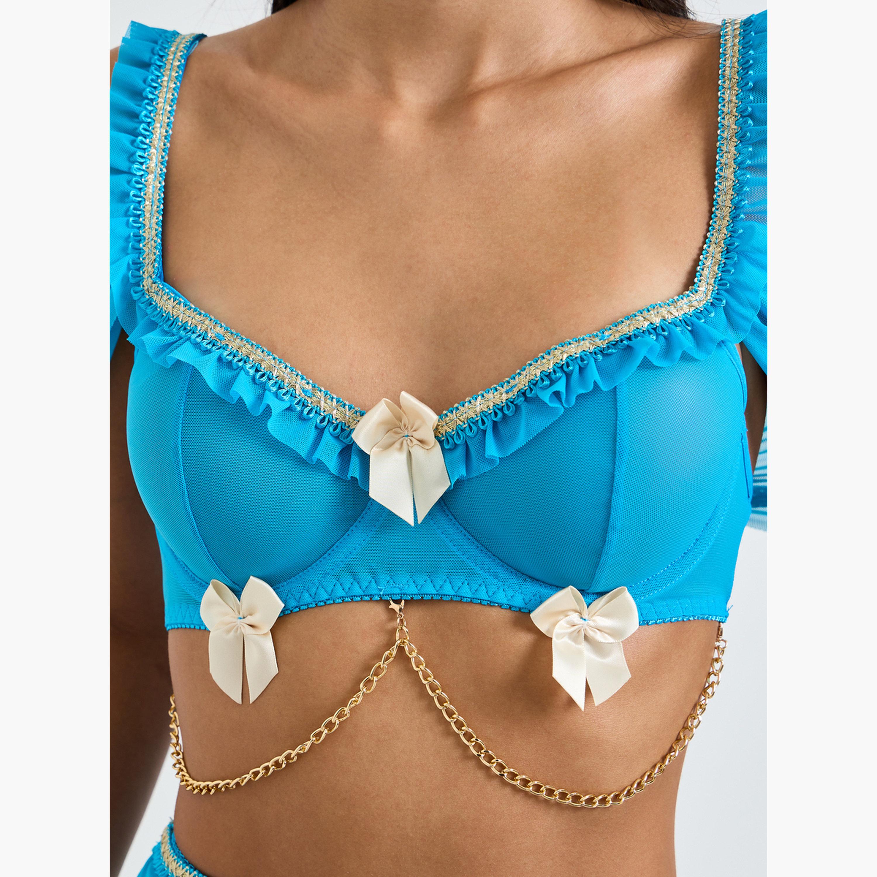 طقم للانجري من ثونغ وتنورة بفتحة مع بلوزة قصيرة سادة بأكتاف مكشوفة-women-clothing-lingerie-babydollsandbodysuits-image-7