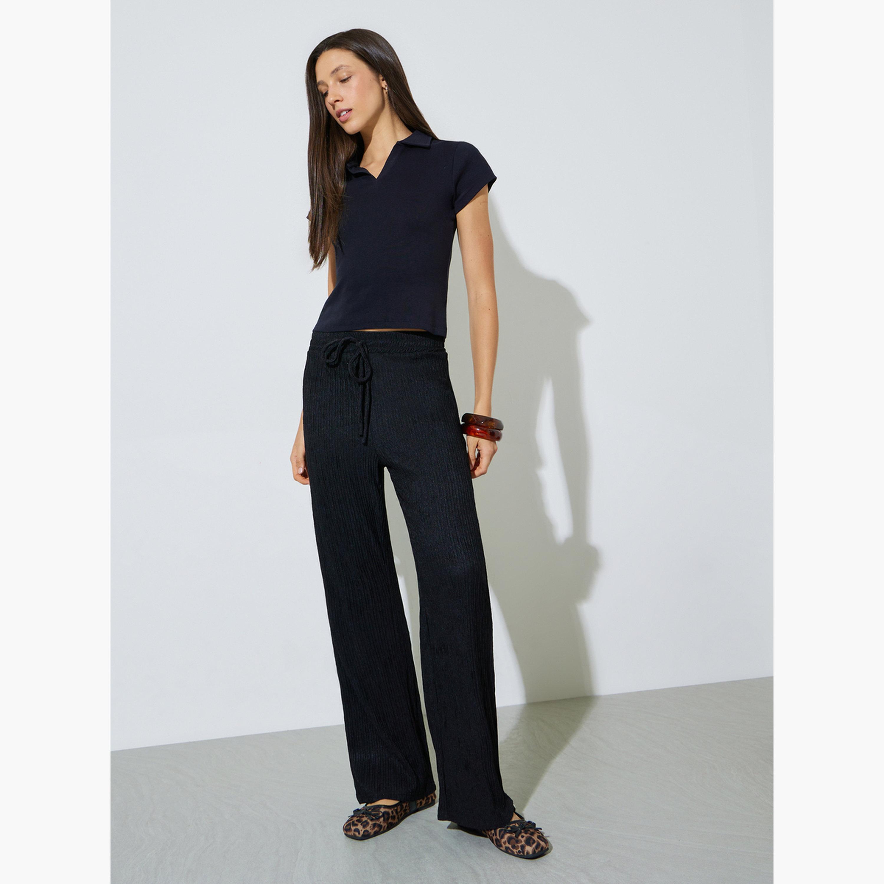 ستايلي - بنطال أسود واسع الساقين برباط-women-clothing-bottoms-joggers-image-2