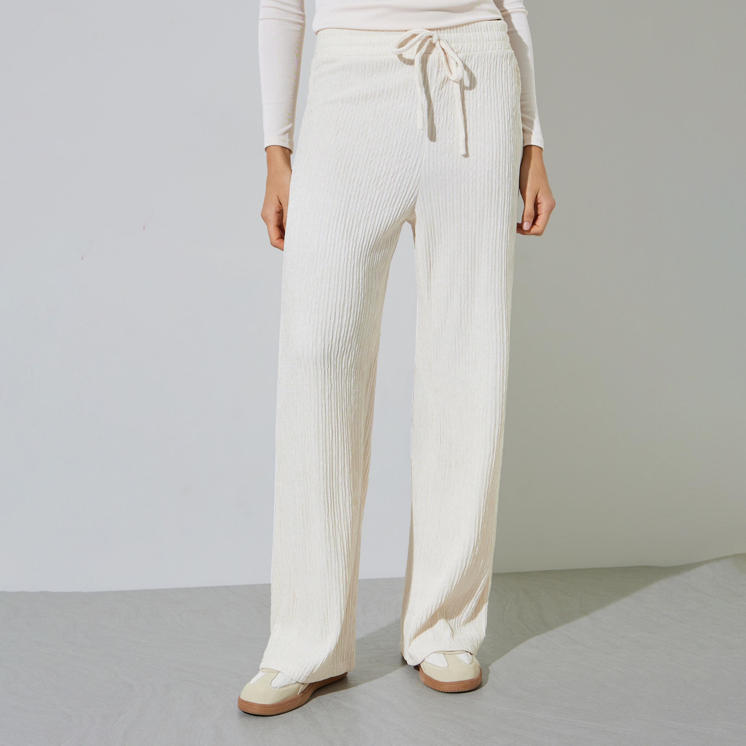 Styli Cream Textured Wide Leg Drawstring Pants-women-clothing-bottoms-joggers-image-1