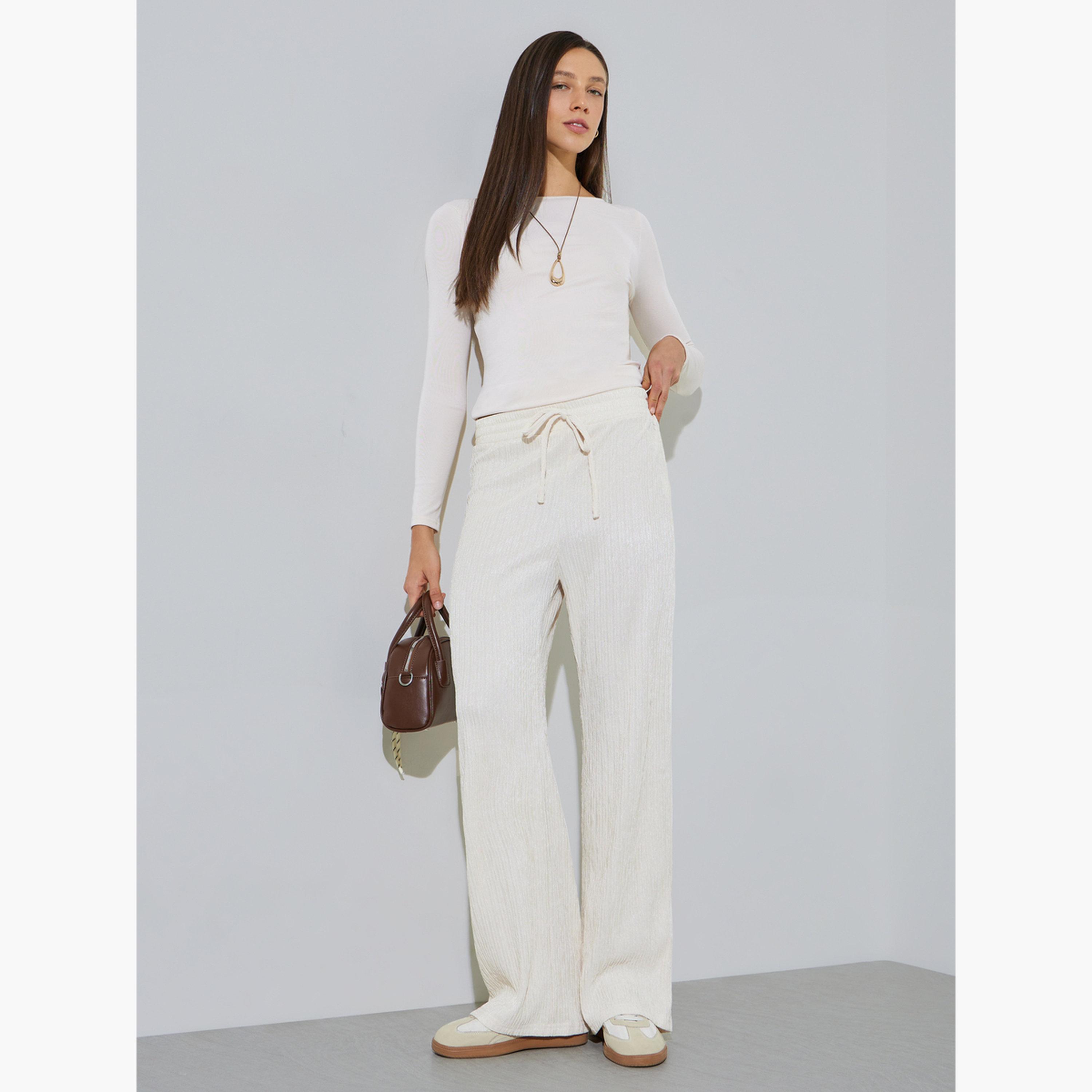 Styli Cream Textured Wide Leg Drawstring Pants-women-clothing-bottoms-joggers-image-2