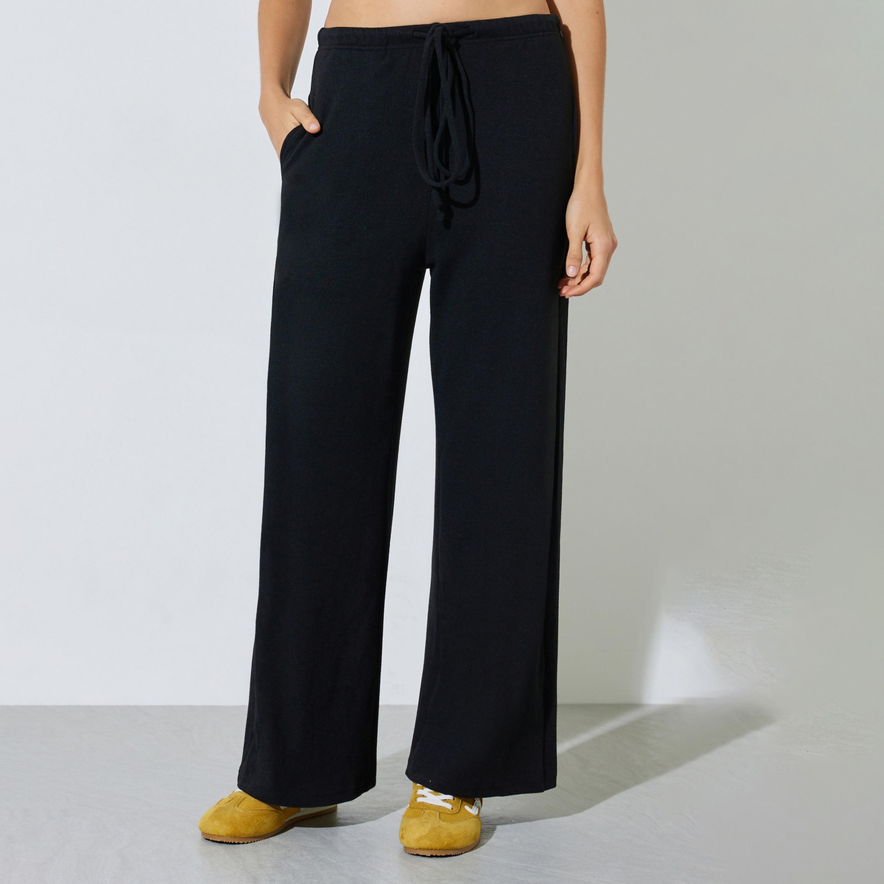 ستايلي - بنطال أسود واسع الساقين مع جيب جانبي-women-clothing-bottoms-joggers-image-1