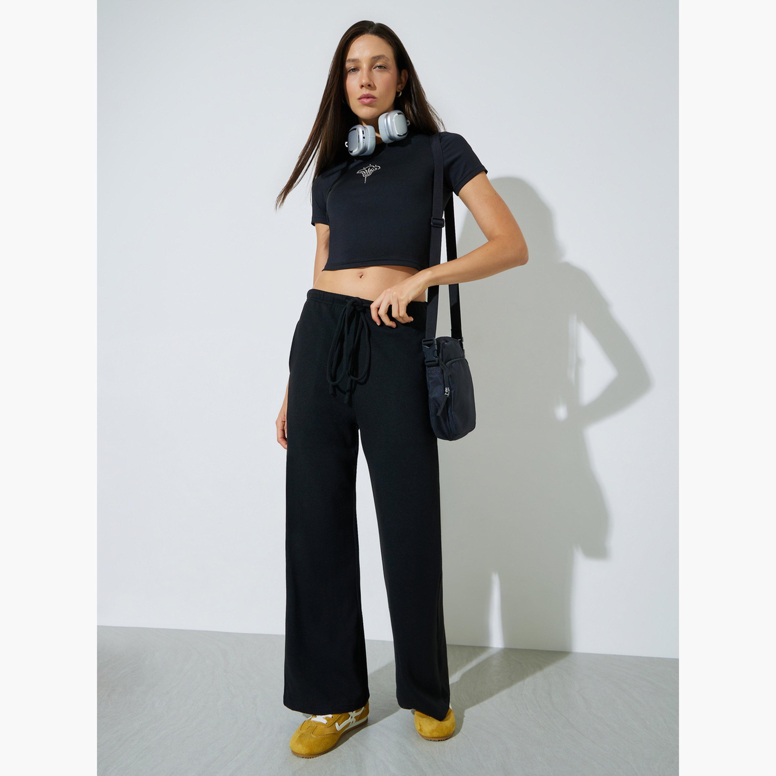 ستايلي - بنطال أسود واسع الساقين مع جيب جانبي-women-clothing-bottoms-joggers-image-2