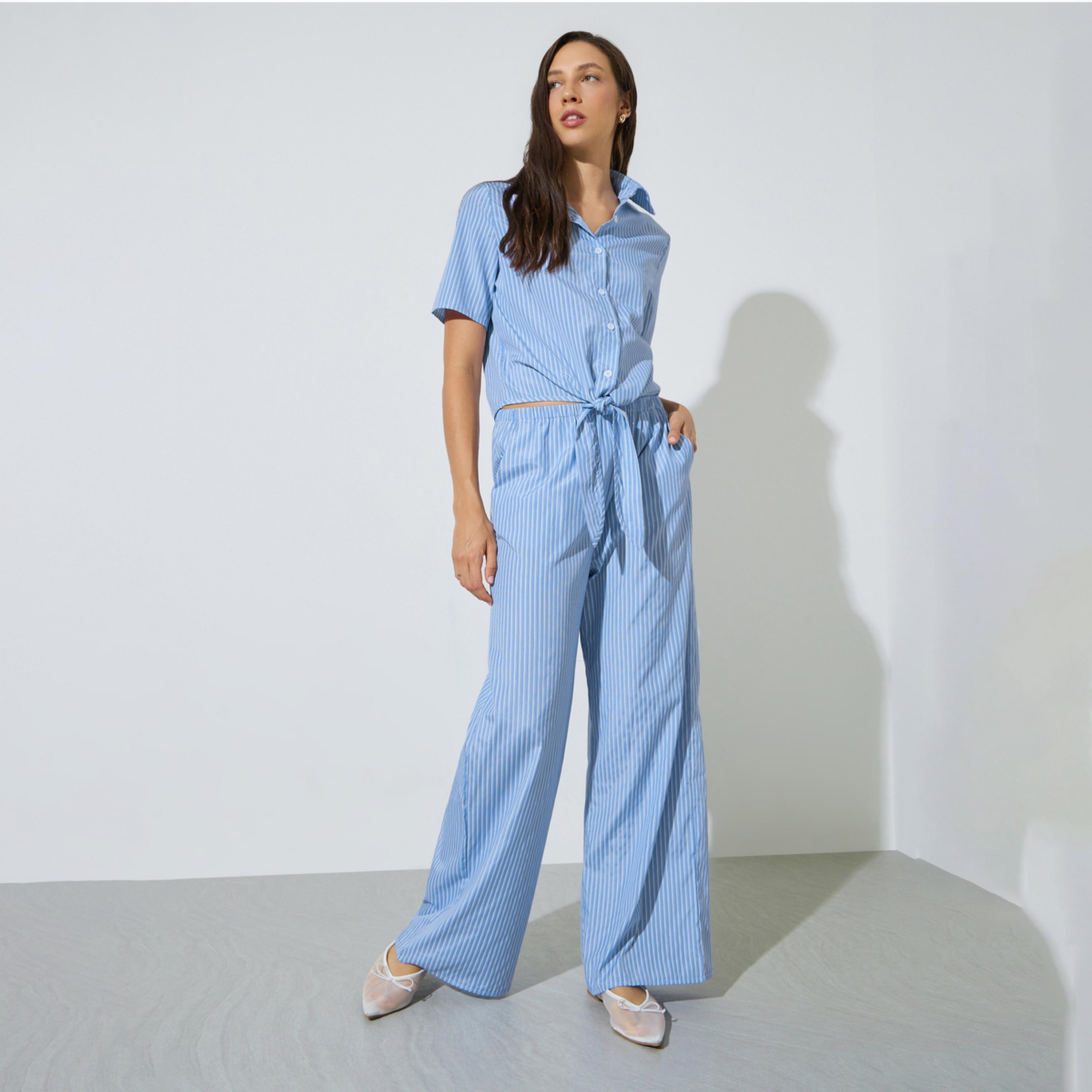 Styli Blue Striped Tie-Hem Shirt and Wide Leg Pants Co-Ord Set-women-clothing-coordsets-image-1