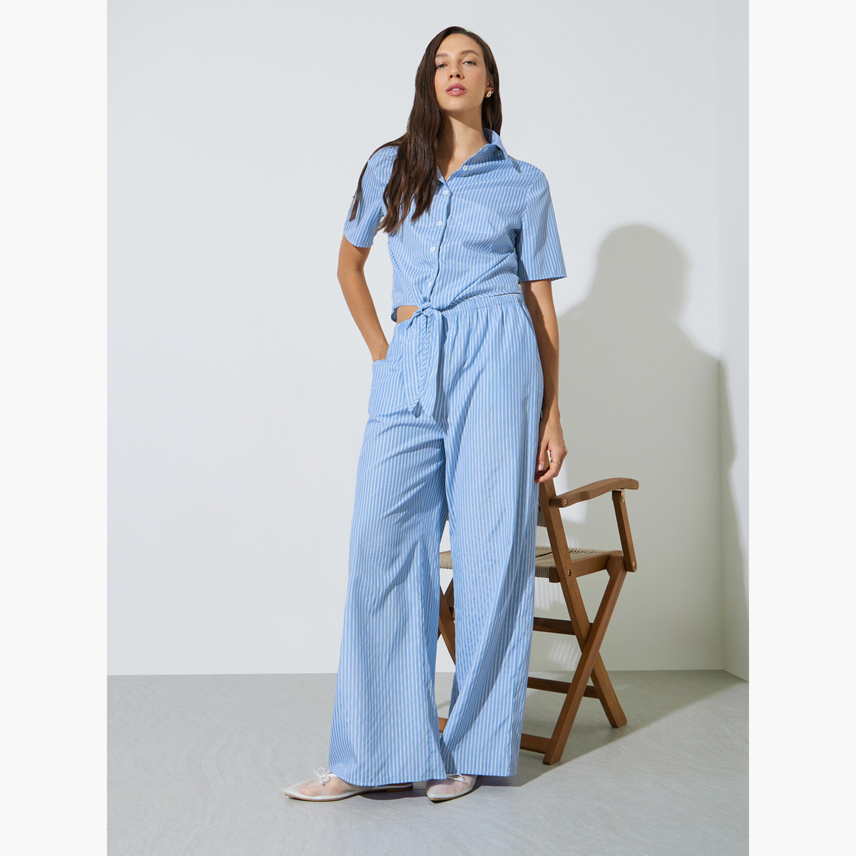 Styli Blue Striped Tie-Hem Shirt and Wide Leg Pants Co-Ord Set-women-clothing-coordsets-image-2