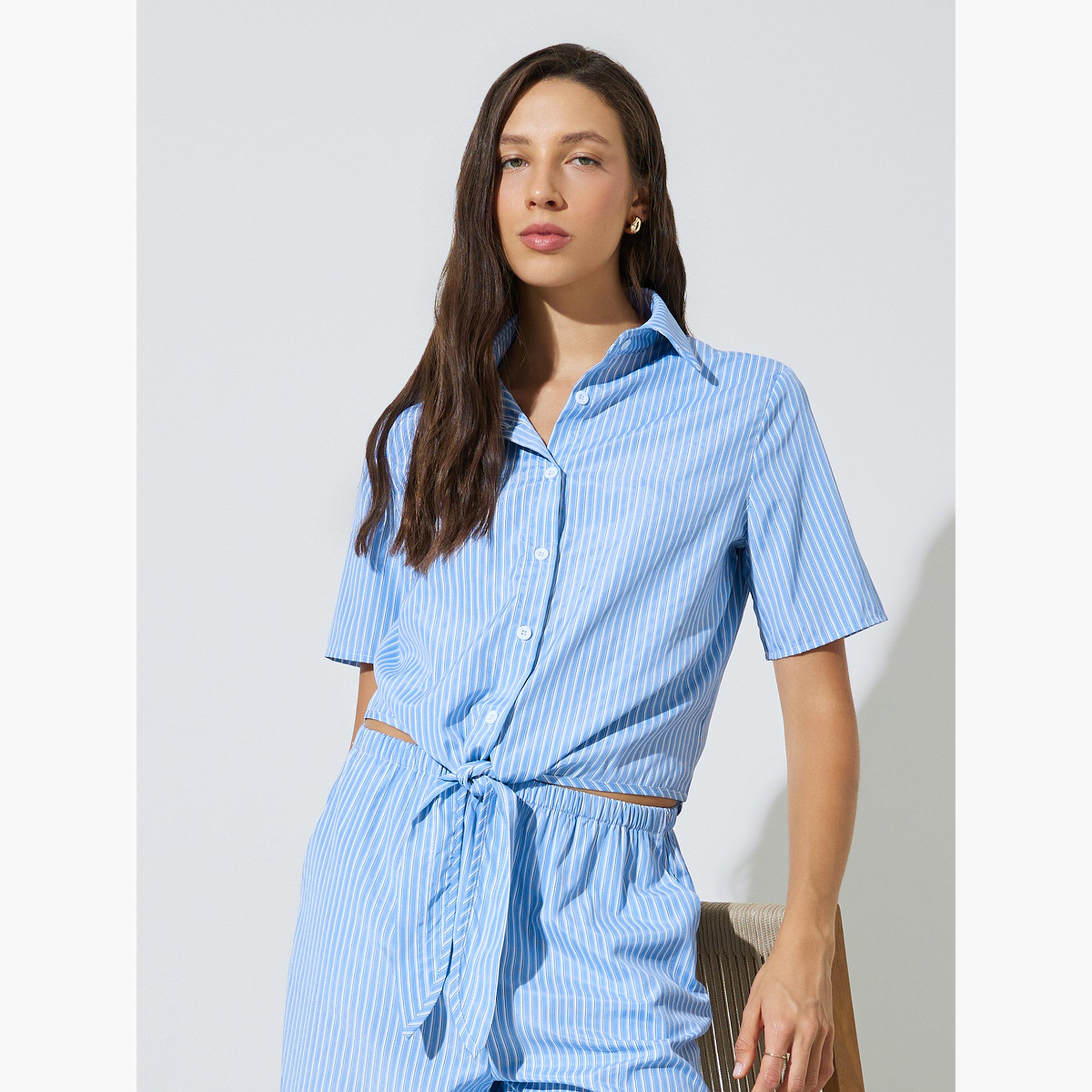 Styli Blue Striped Tie-Hem Shirt and Wide Leg Pants Co-Ord Set-women-clothing-coordsets-image-3