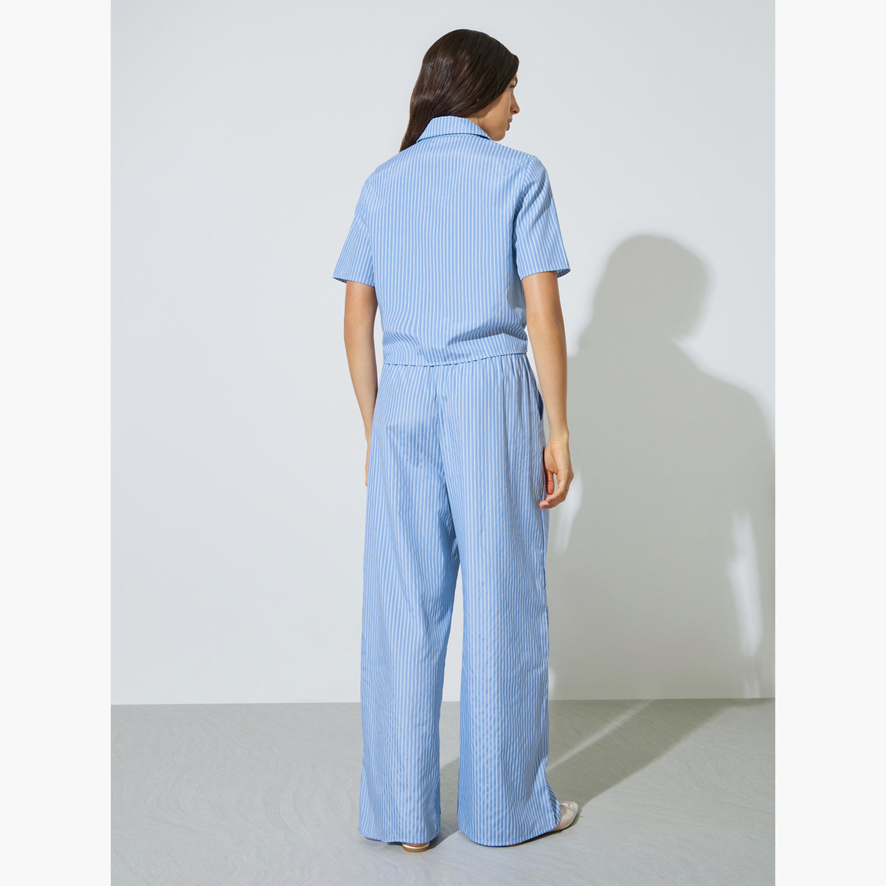 Styli Blue Striped Tie-Hem Shirt and Wide Leg Pants Co-Ord Set-women-clothing-coordsets-image-4