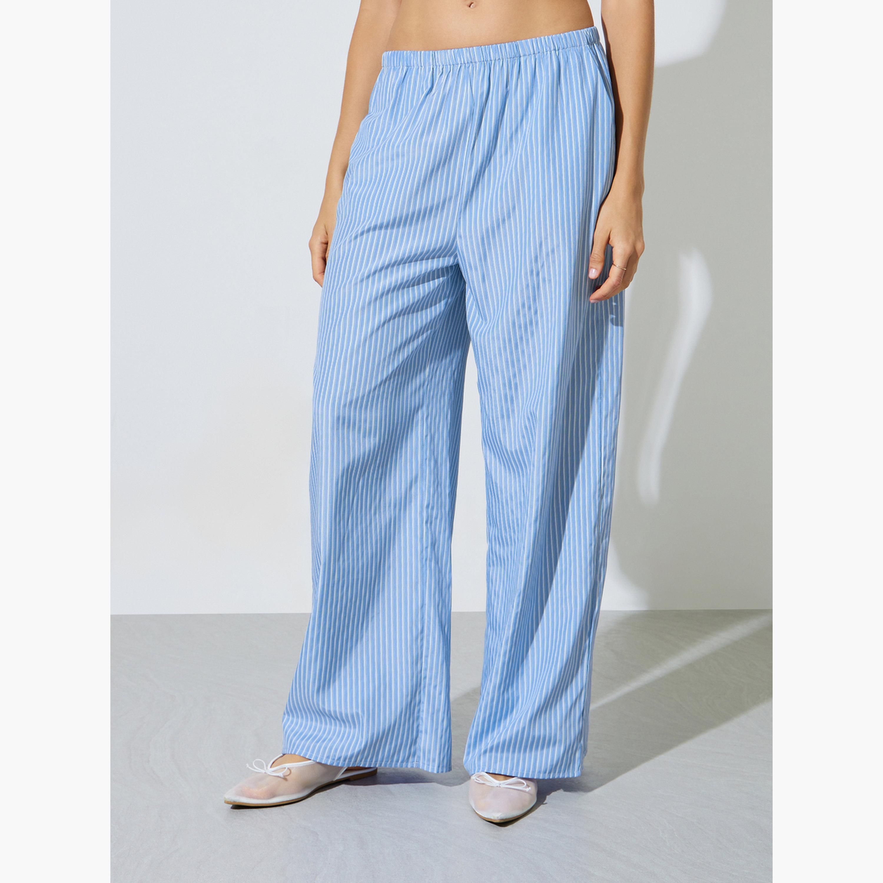 Styli Blue Striped Tie-Hem Shirt and Wide Leg Pants Co-Ord Set-women-clothing-coordsets-image-5