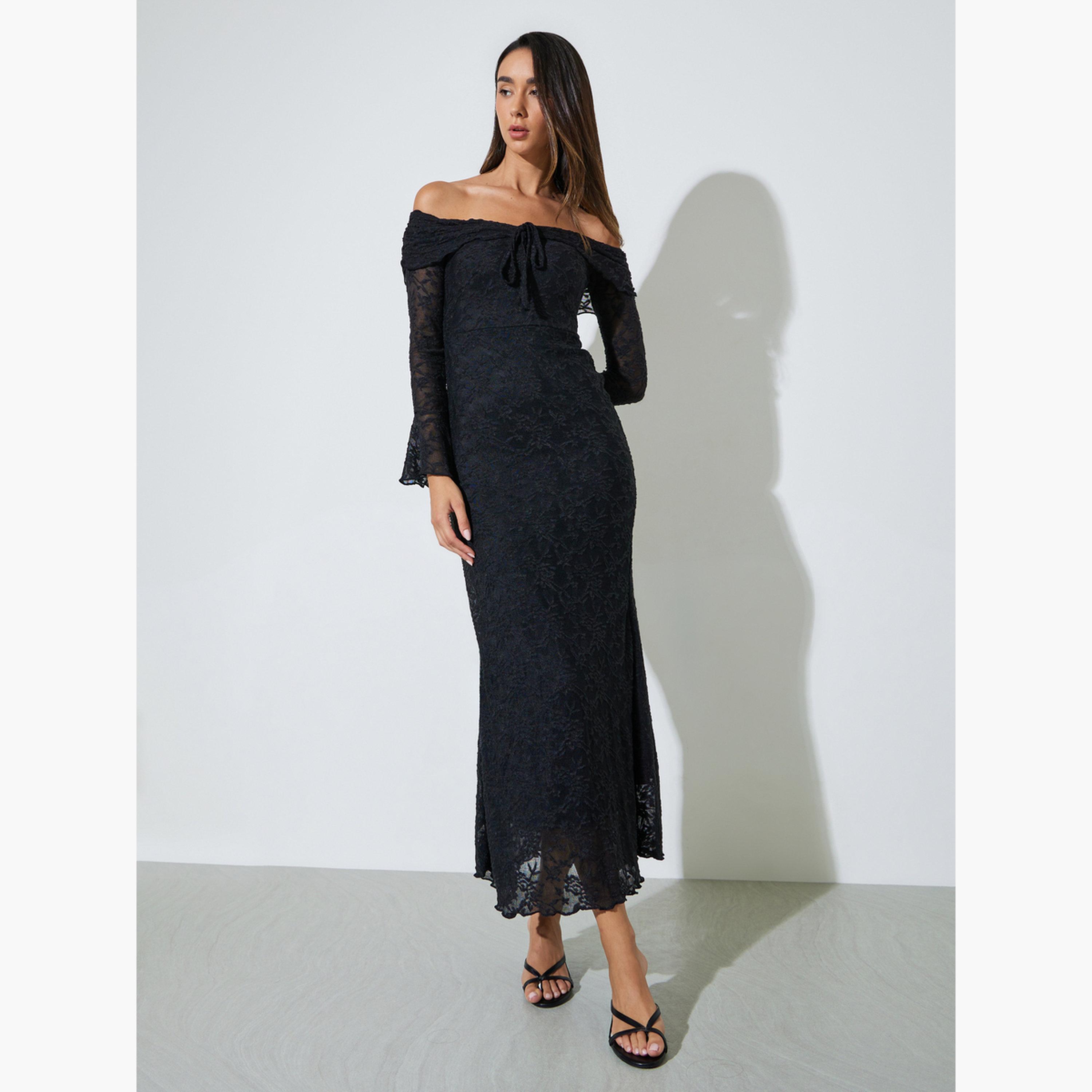 فستان طويل بحافة حورية البحر وأكتاف مكشوفة-women-clothing-dresses-image-1
