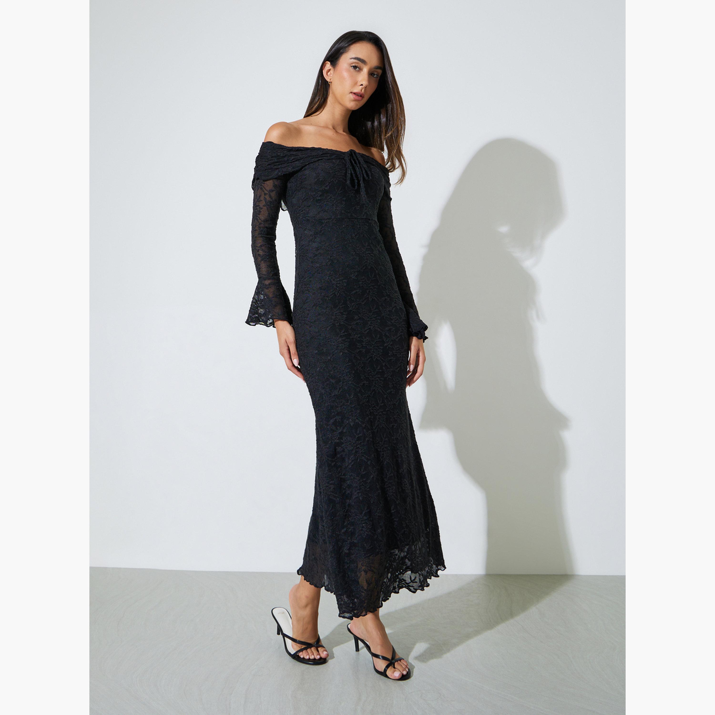 فستان طويل بحافة حورية البحر وأكتاف مكشوفة-women-clothing-dresses-image-3