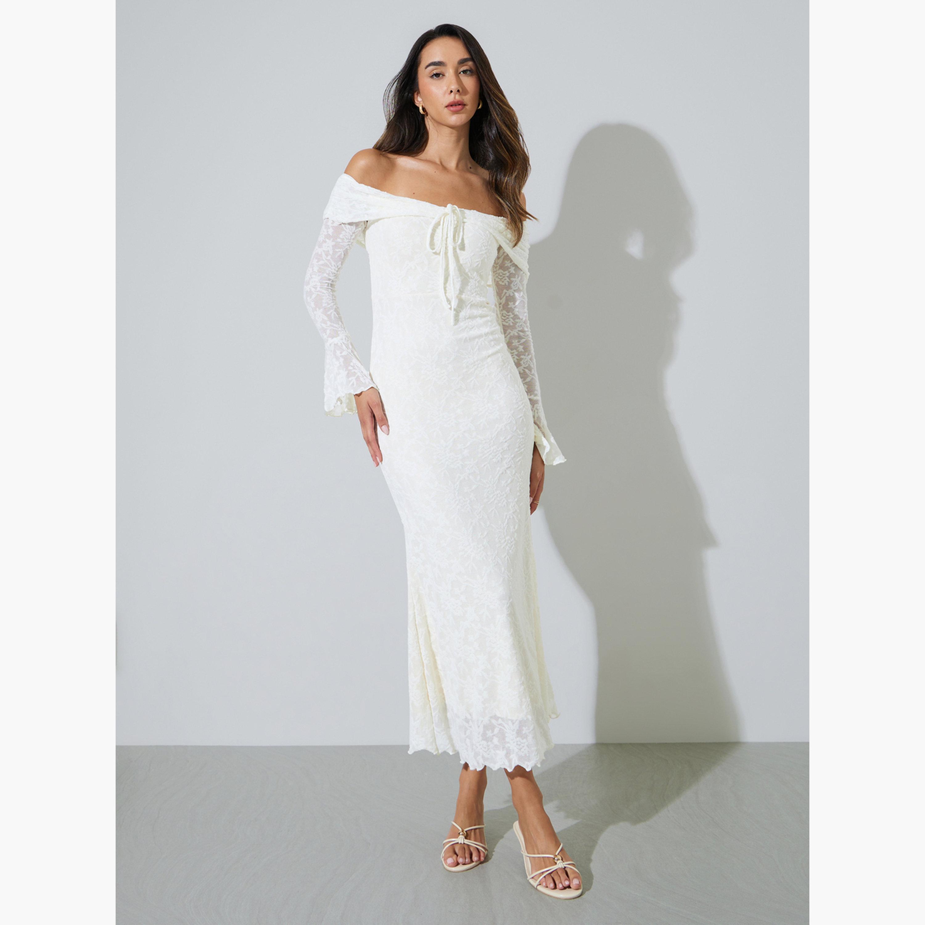 Styli Beige Off Shoulder Mermaid Hem Maxi Dress-women-clothing-dresses-image-1