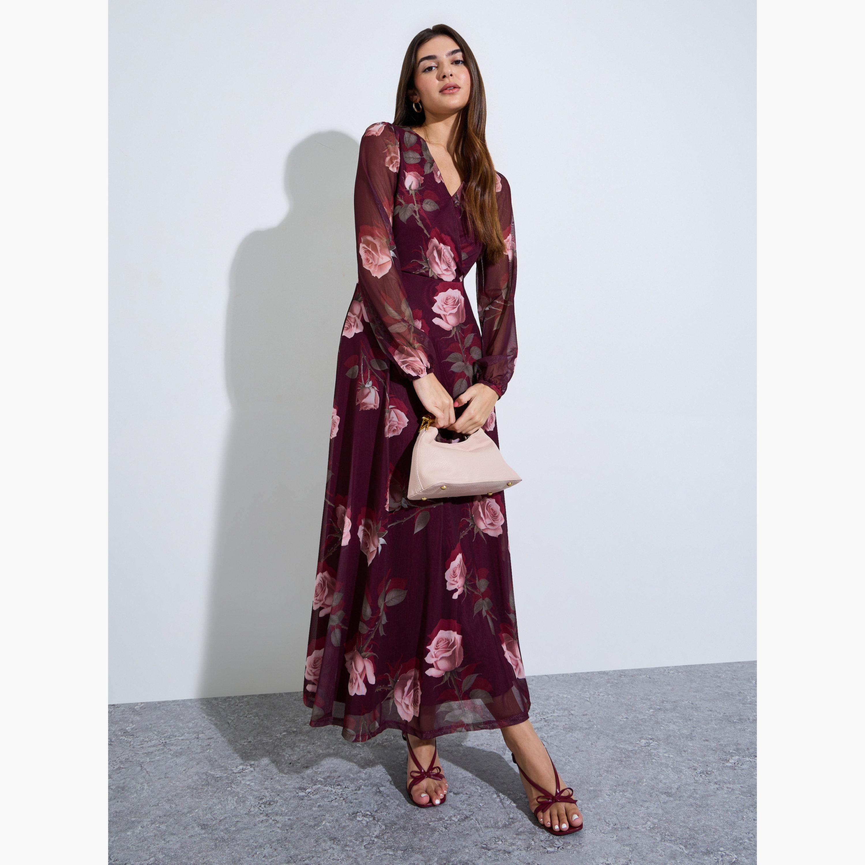 فستان طويل بلف ونقشة زهور مارون-women-clothing-dresses-image-1