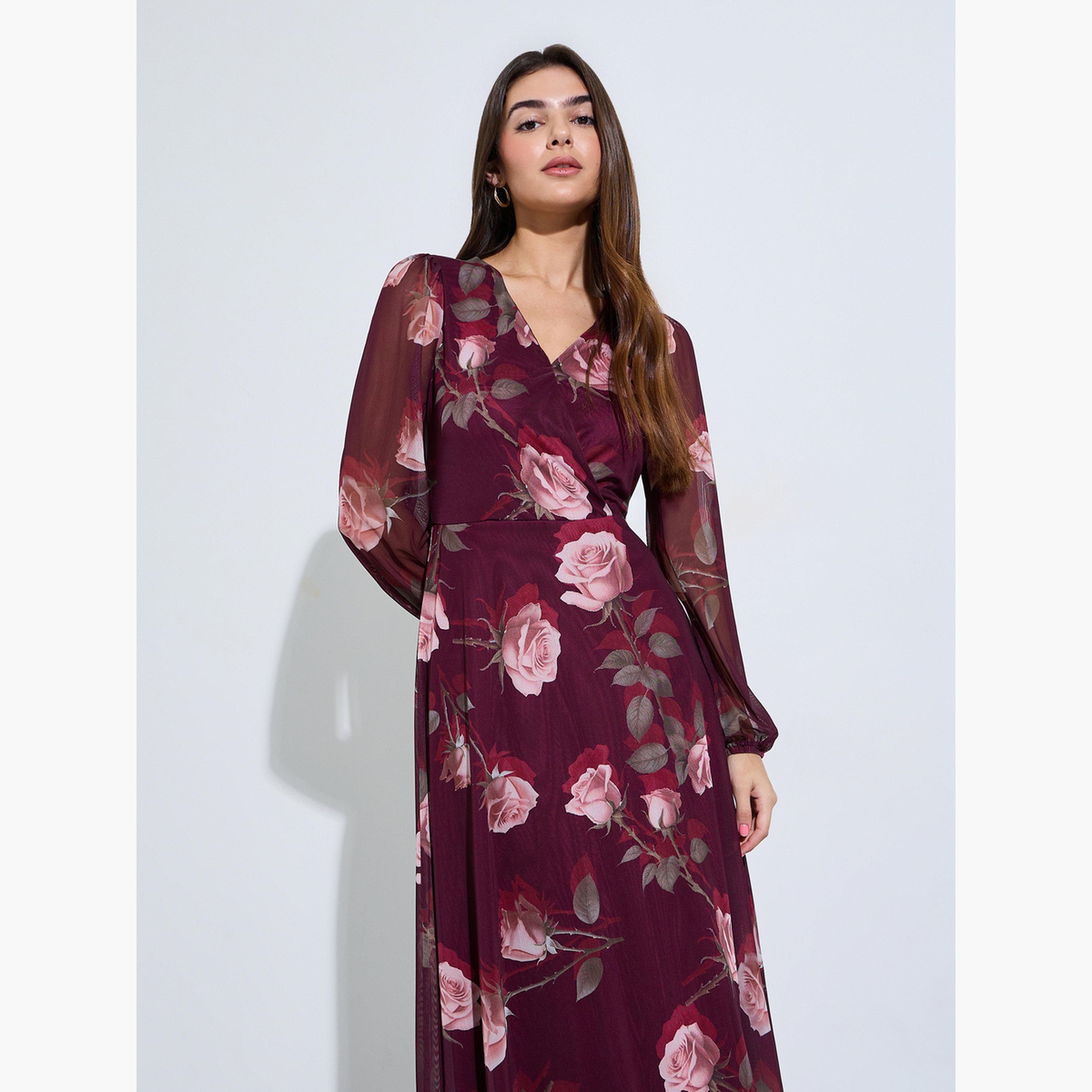 فستان طويل بلف ونقشة زهور مارون-women-clothing-dresses-image-2