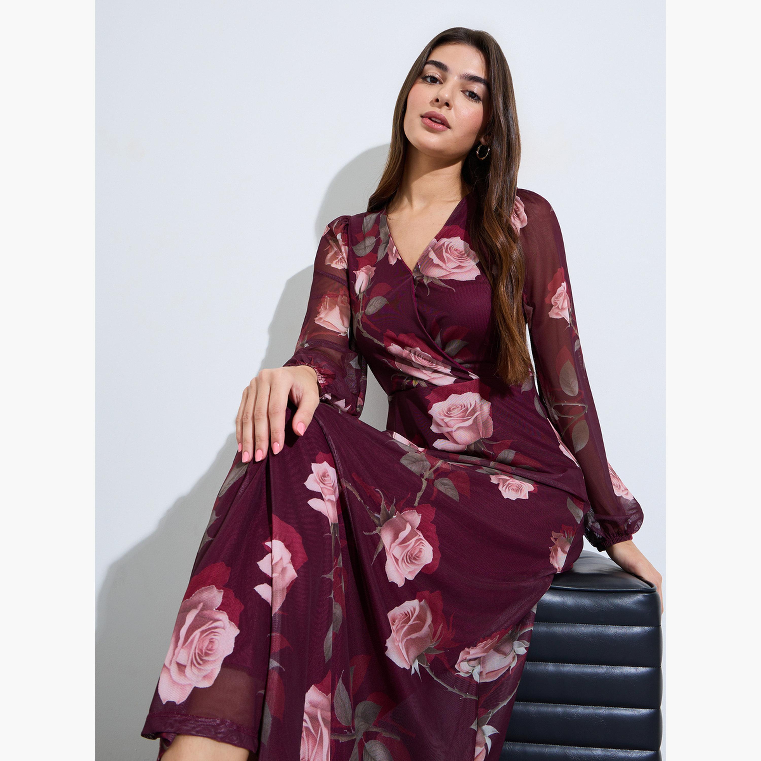 فستان طويل بلف ونقشة زهور مارون-women-clothing-dresses-image-3