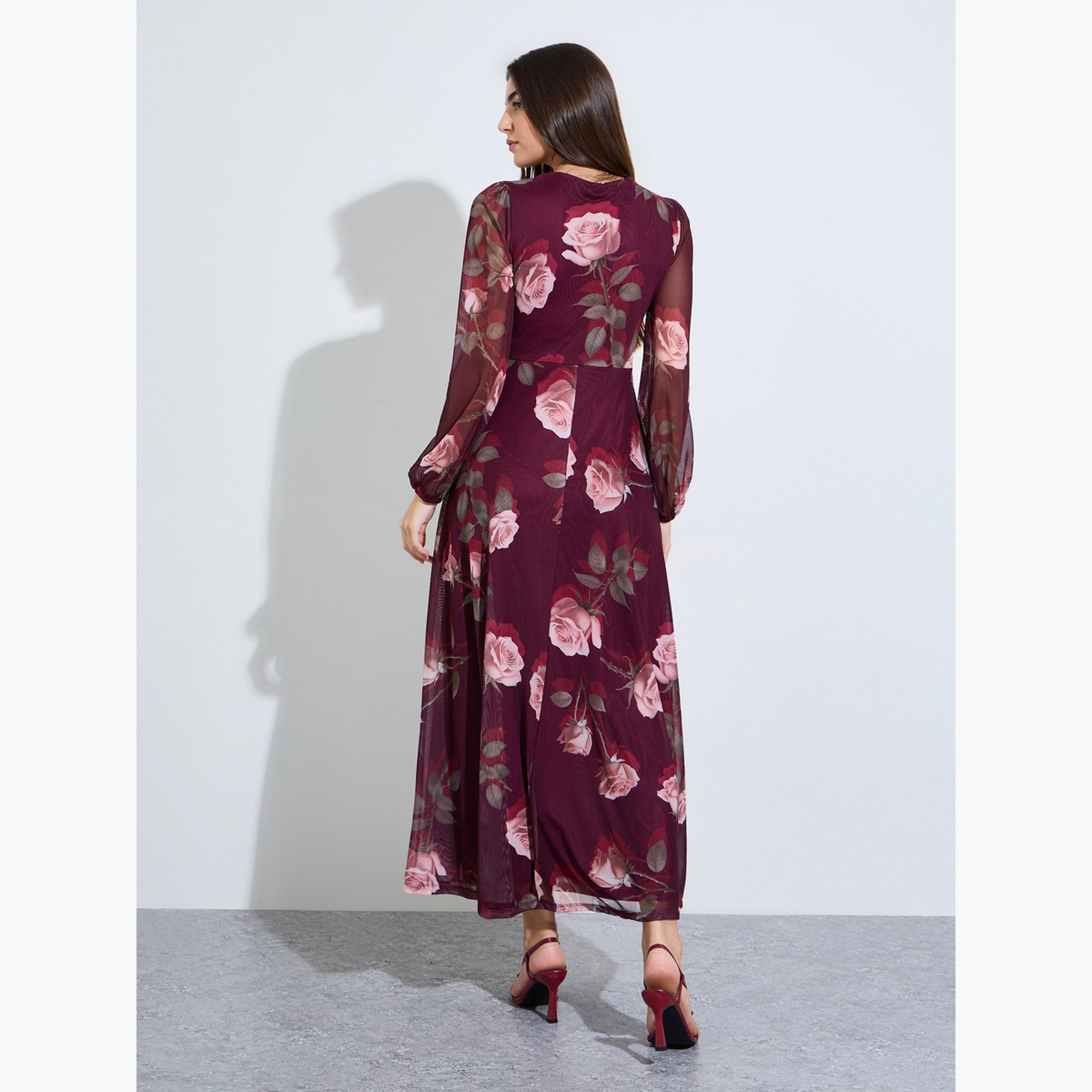 فستان طويل بلف ونقشة زهور مارون-women-clothing-dresses-image-4