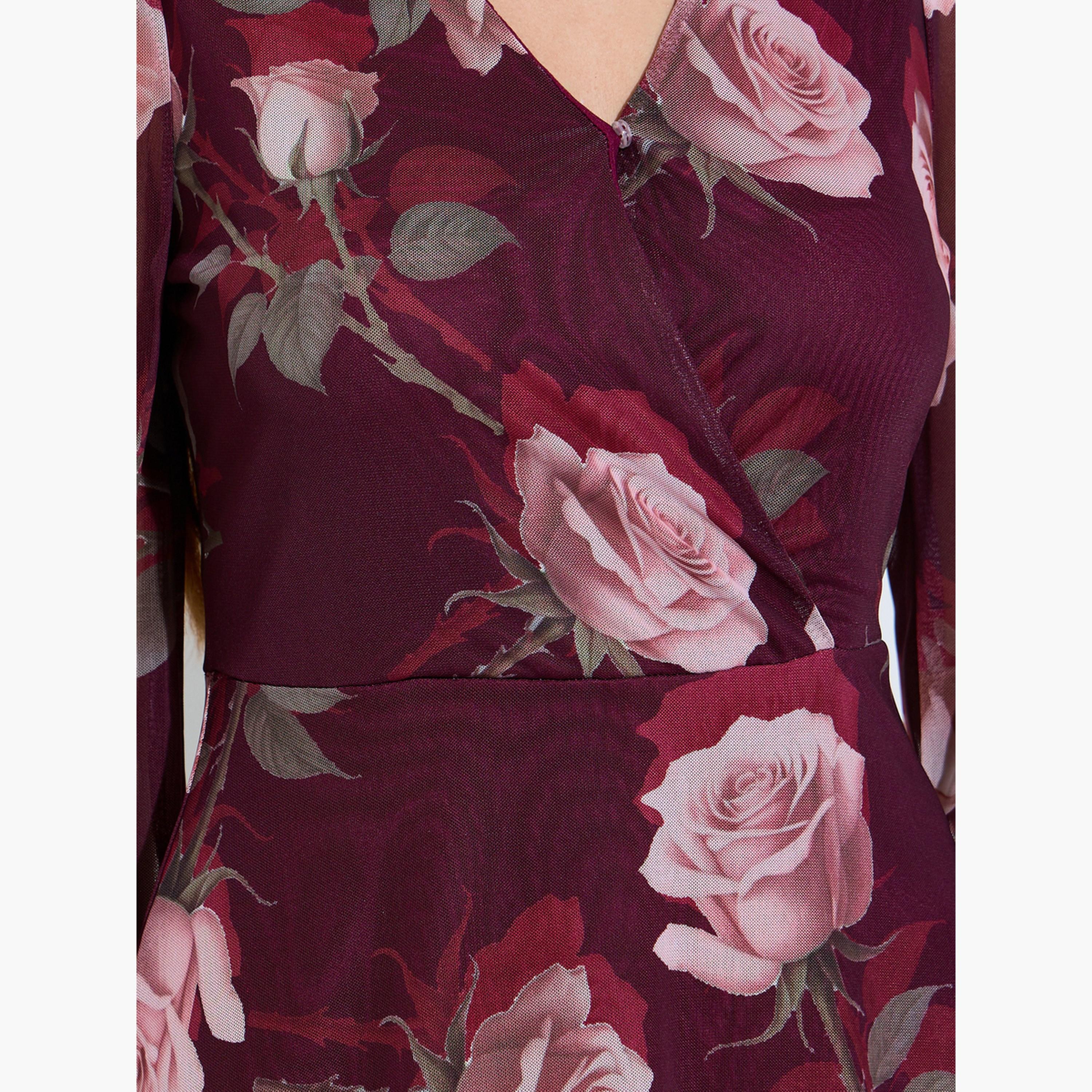 فستان طويل بلف ونقشة زهور مارون-women-clothing-dresses-image-5