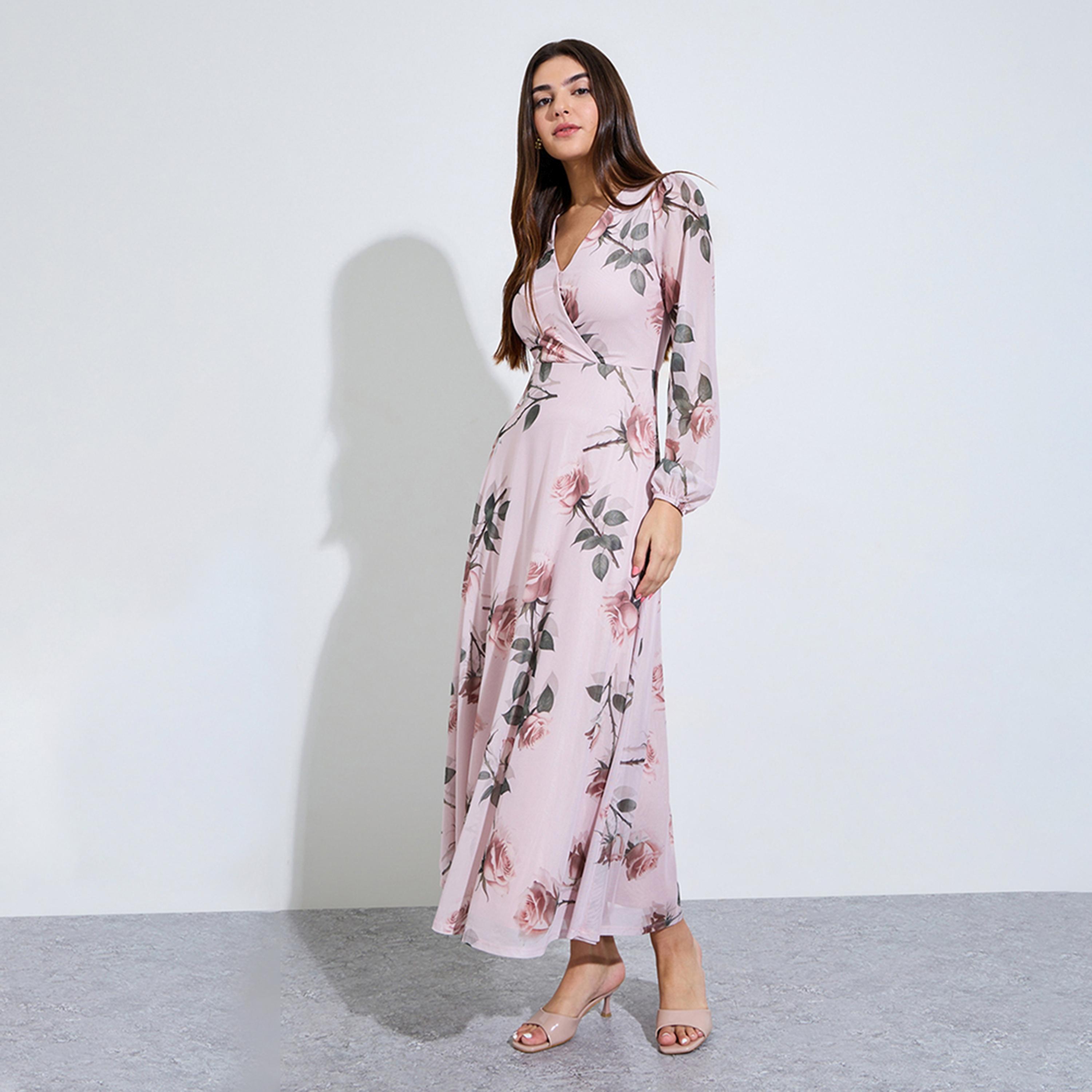 فستان طويل بلف ونقشة زهور-women-clothing-dresses-image-1