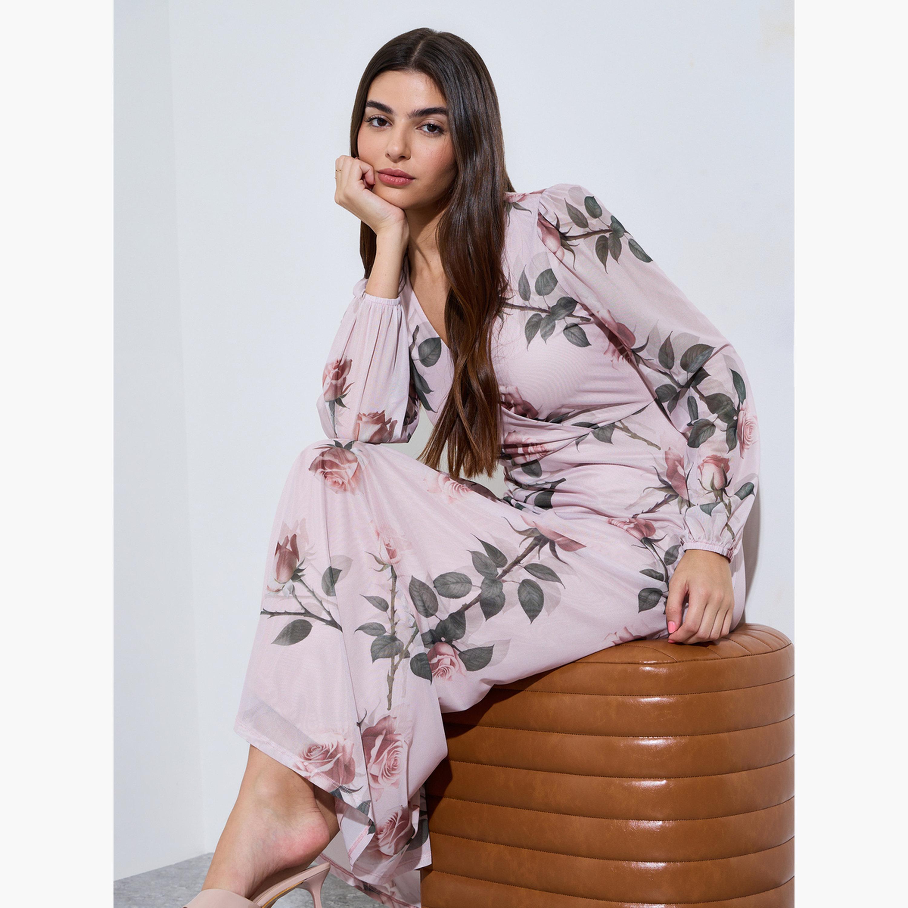 فستان طويل بلف ونقشة زهور-women-clothing-dresses-image-2