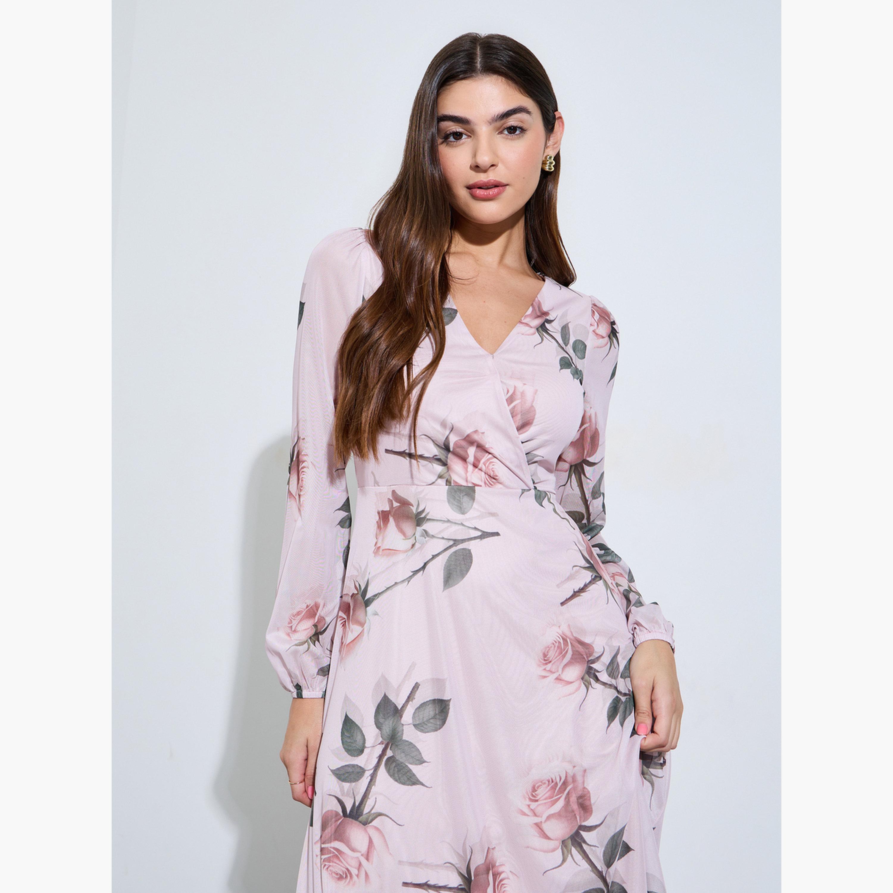 فستان طويل بلف ونقشة زهور-women-clothing-dresses-image-3