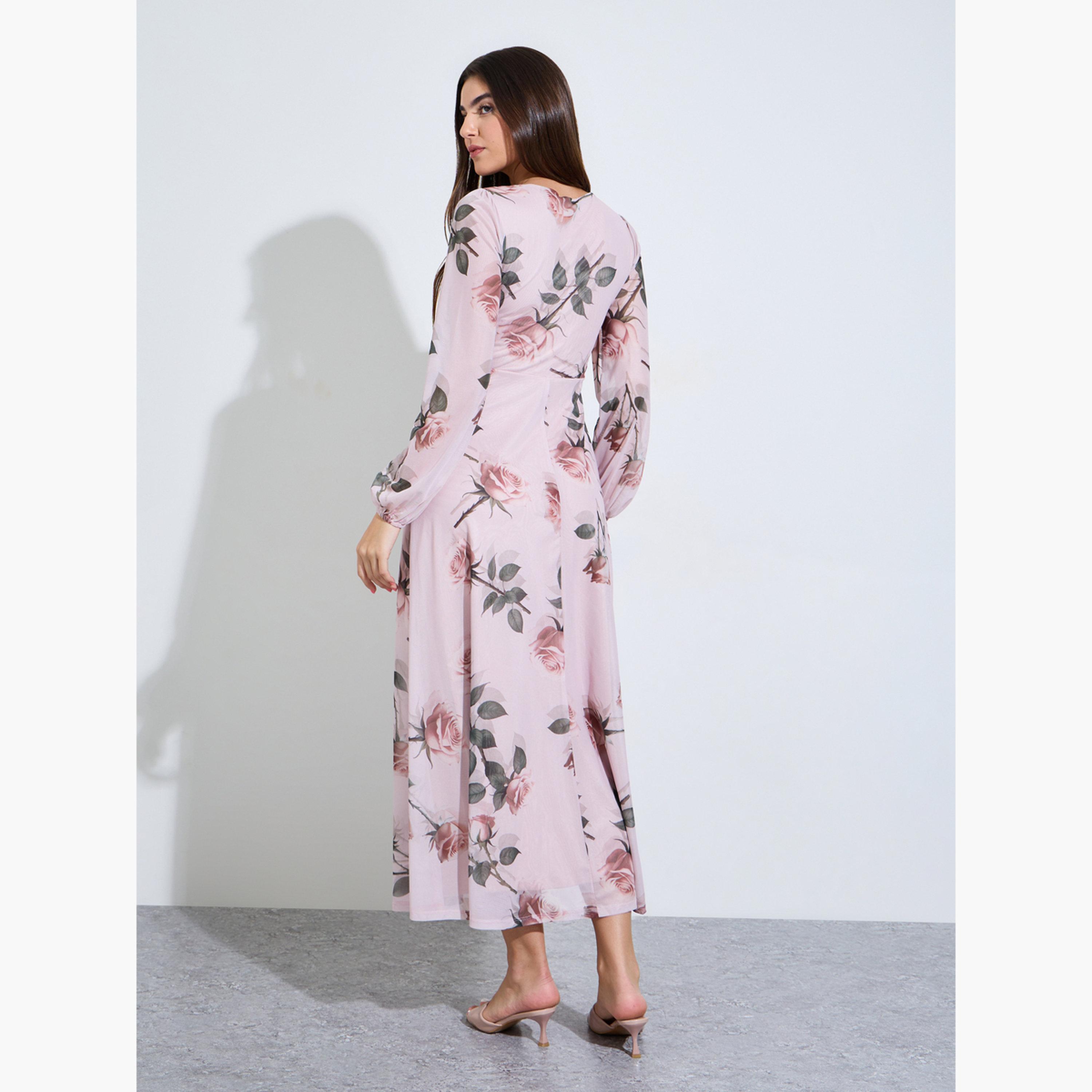 فستان طويل بلف ونقشة زهور-women-clothing-dresses-image-4