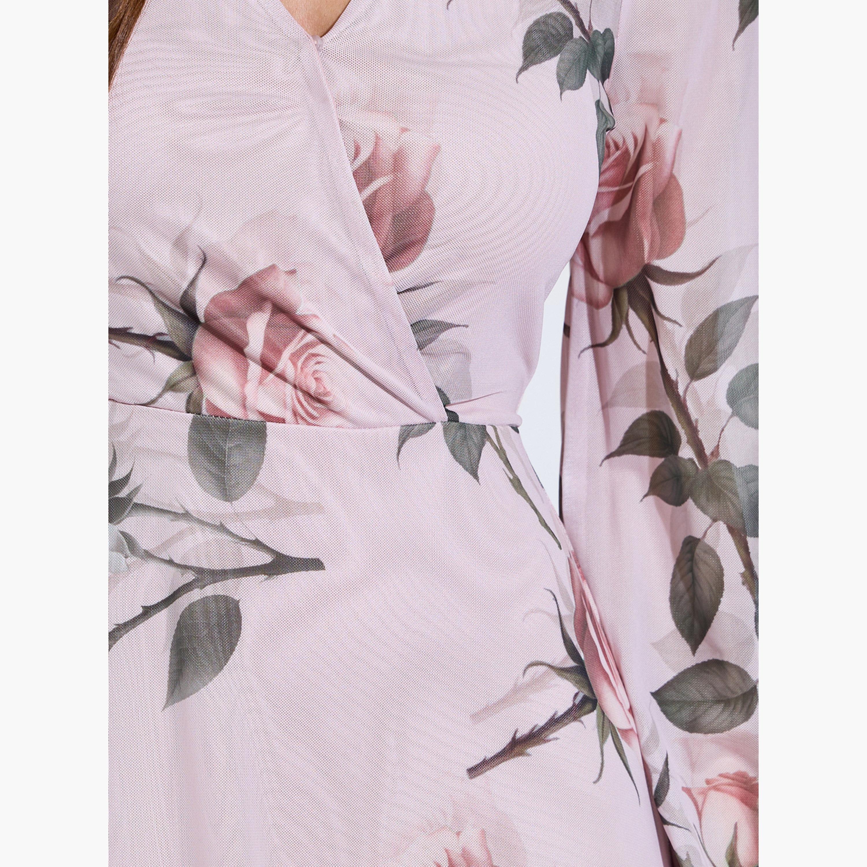 فستان طويل بلف ونقشة زهور-women-clothing-dresses-image-5
