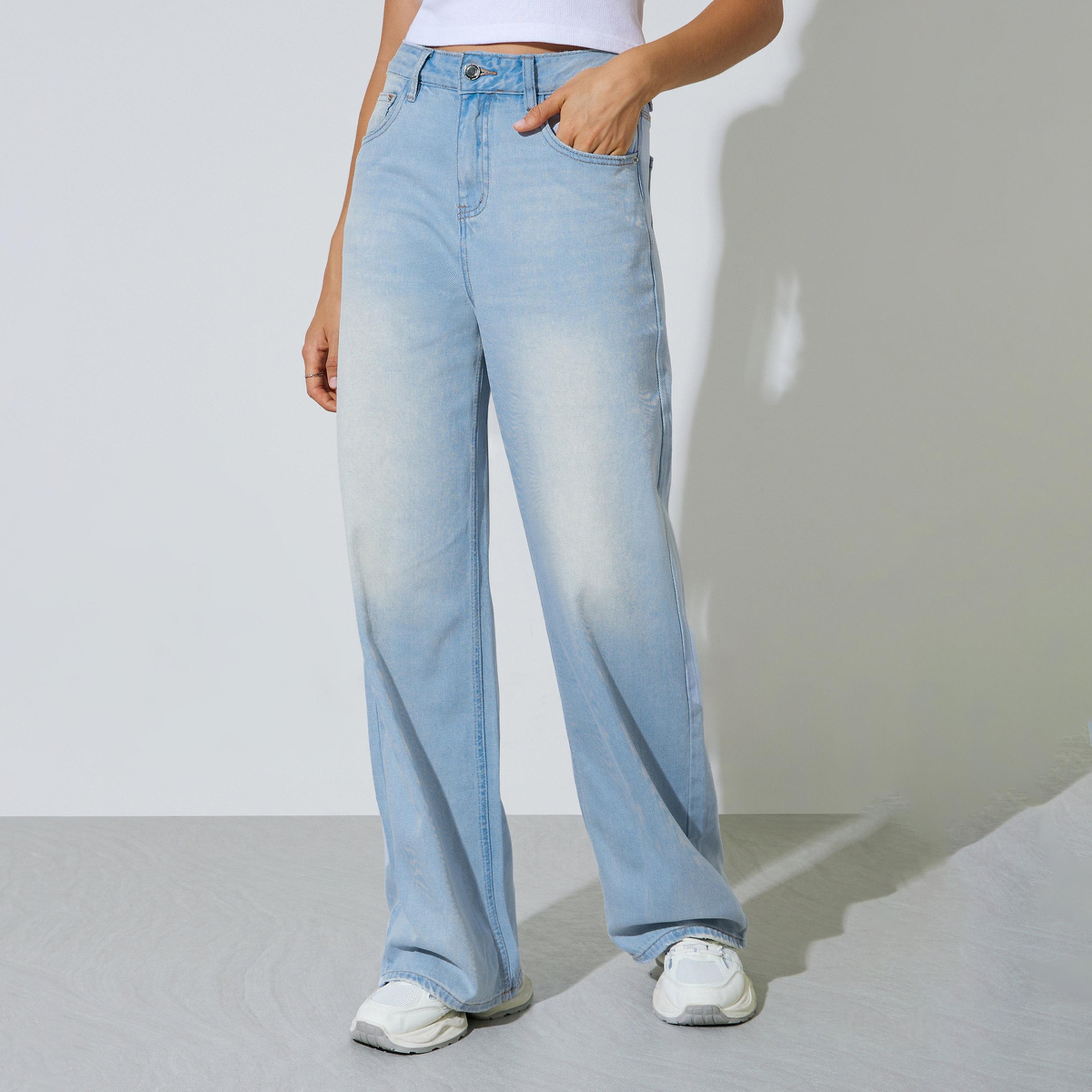 Styli Blue Faded Wide Leg Jeans with Pocket-women-clothing-jeans-image-1