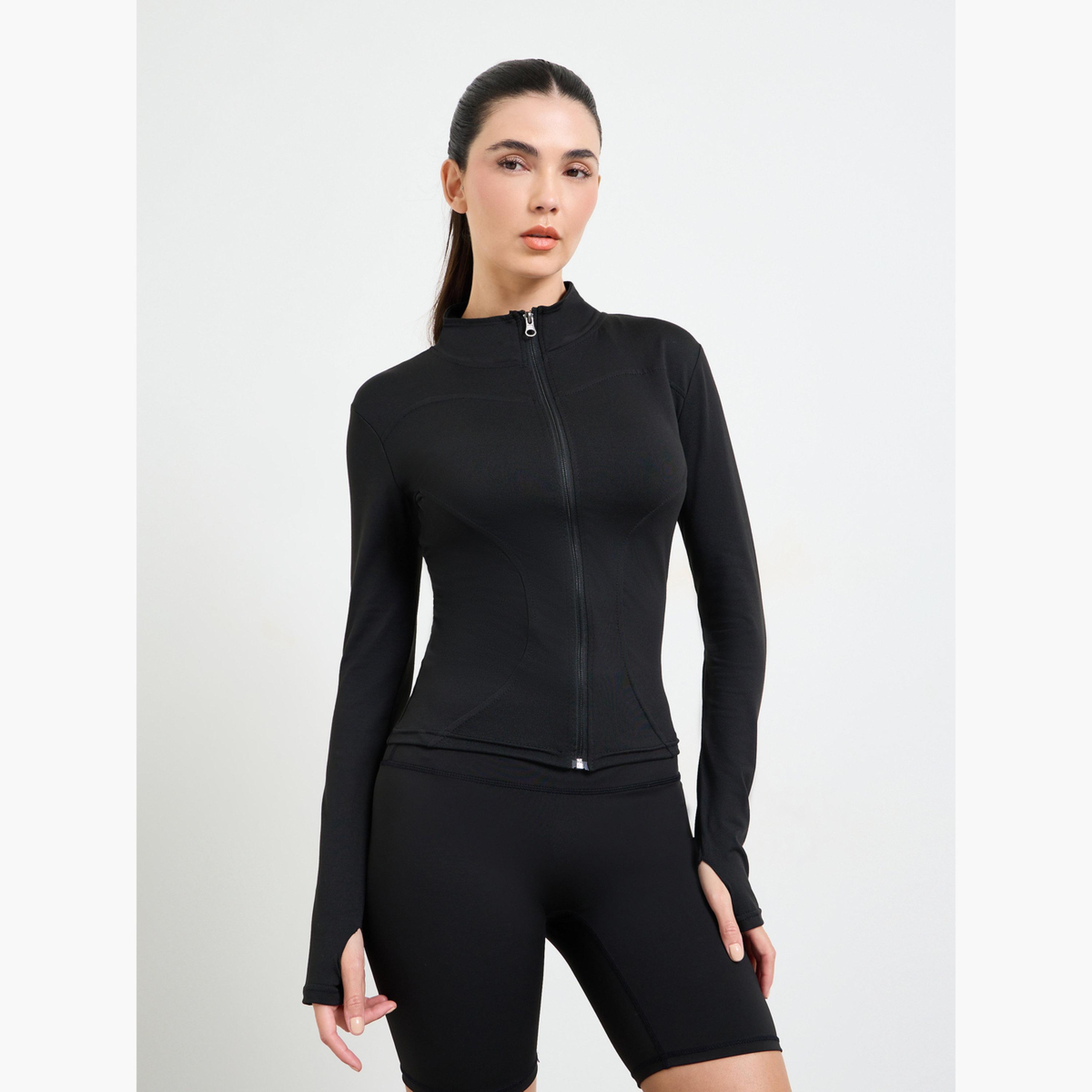 Styli Black Basic Thumbhole Detail Zip Up Jacket-sports-women-clothing-coatsandjackets-jackets-image-1