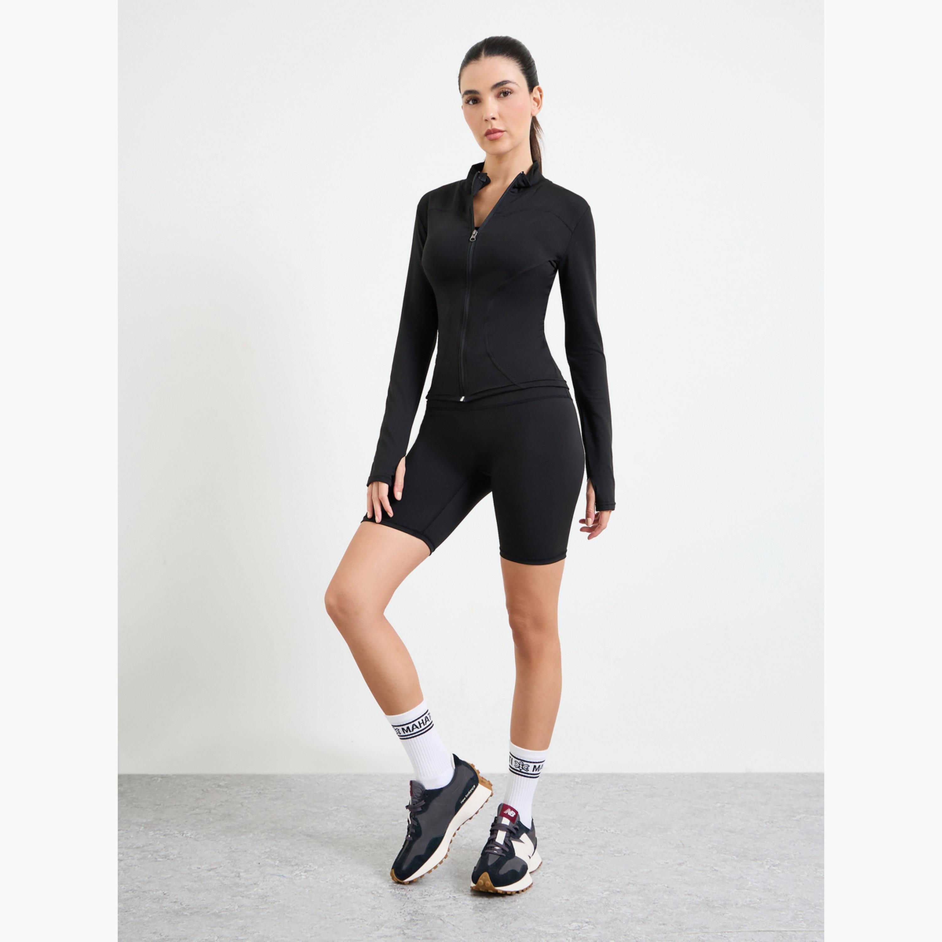 Styli Black Basic Thumbhole Detail Zip Up Jacket-sports-women-clothing-coatsandjackets-jackets-image-2