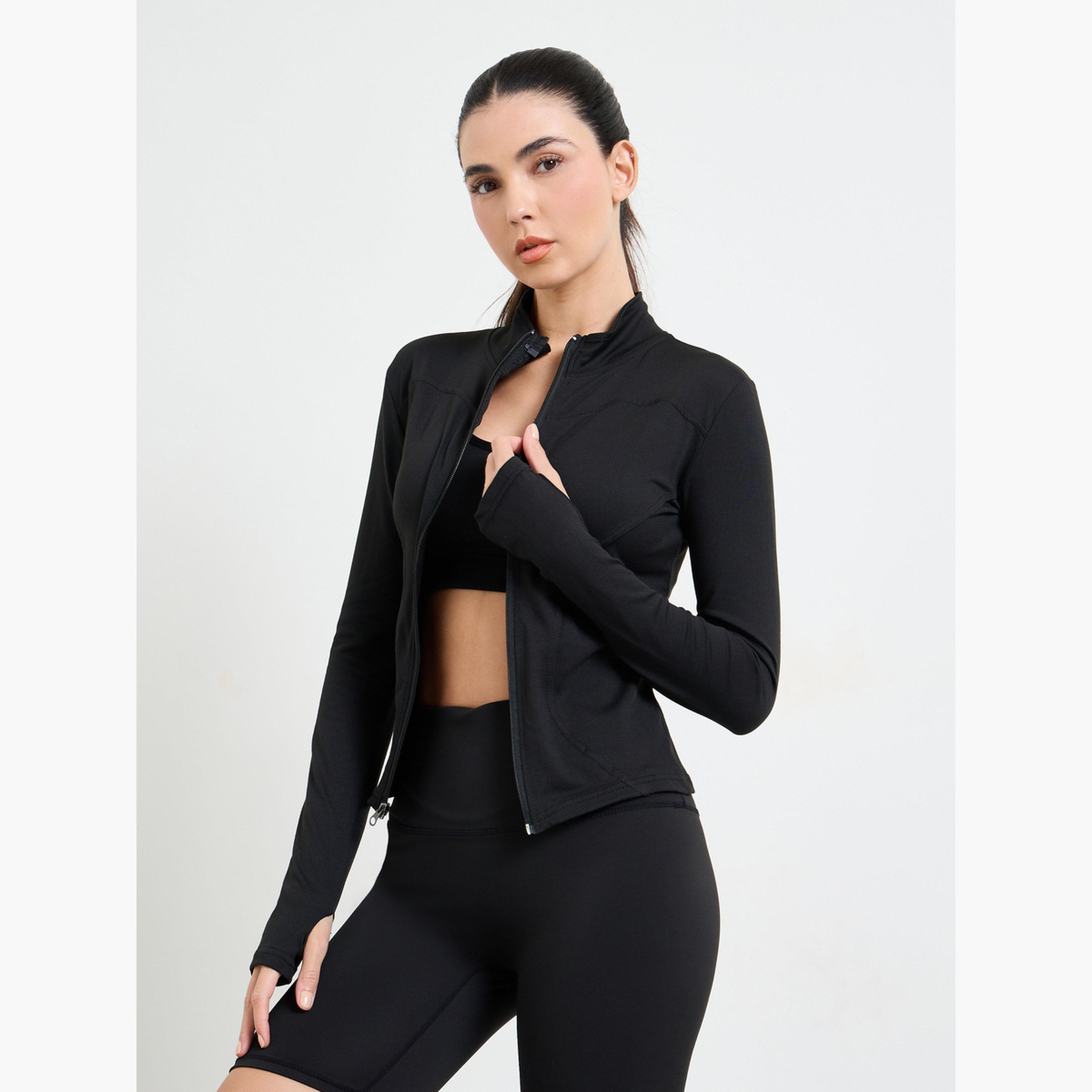 Styli Black Basic Thumbhole Detail Zip Up Jacket-sports-women-clothing-coatsandjackets-jackets-image-3